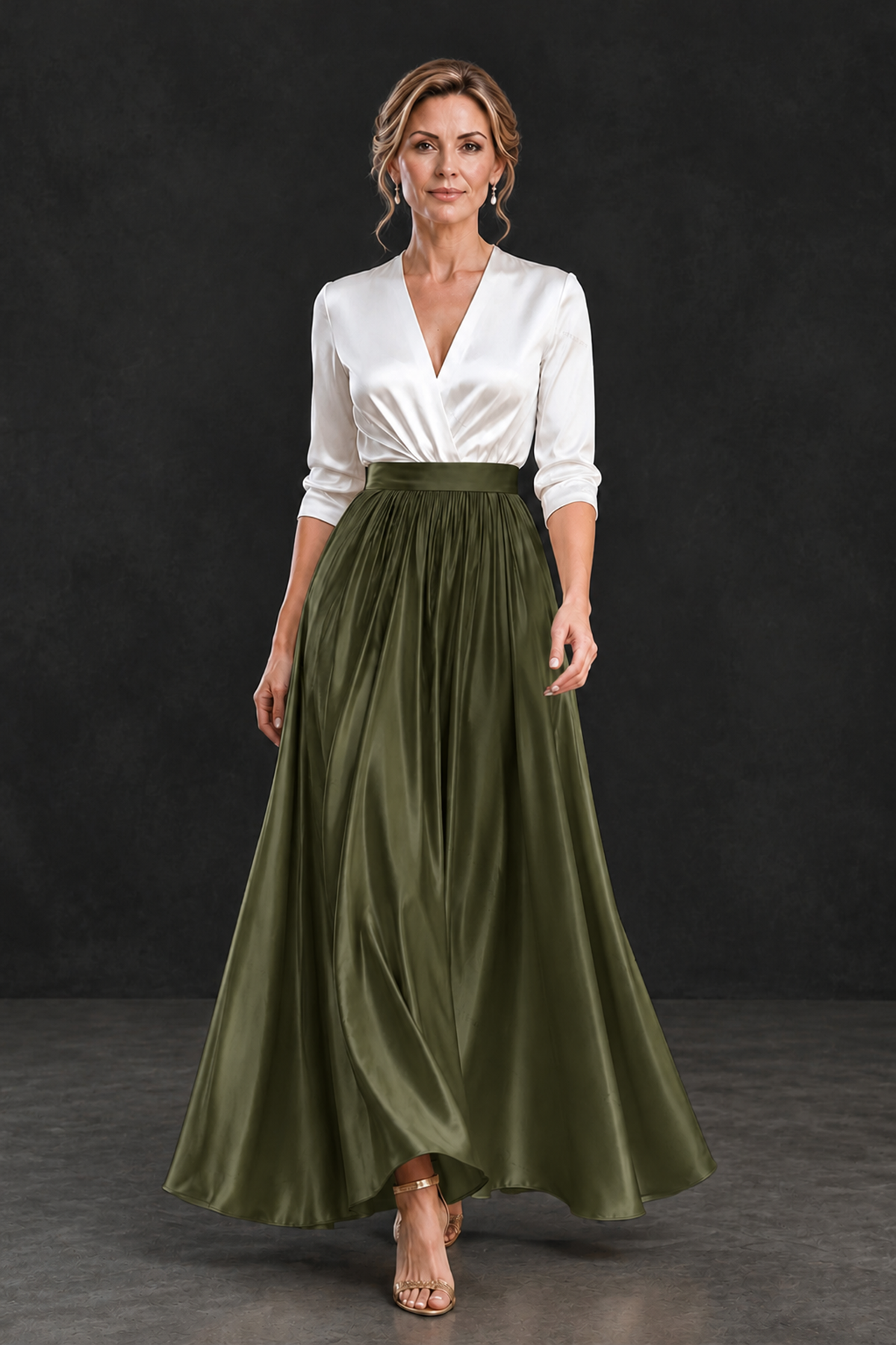 BOLODOO Olive Green and White V-Neck A-Line Mother of the Bride Dress - Olive Green - Olive Green_4