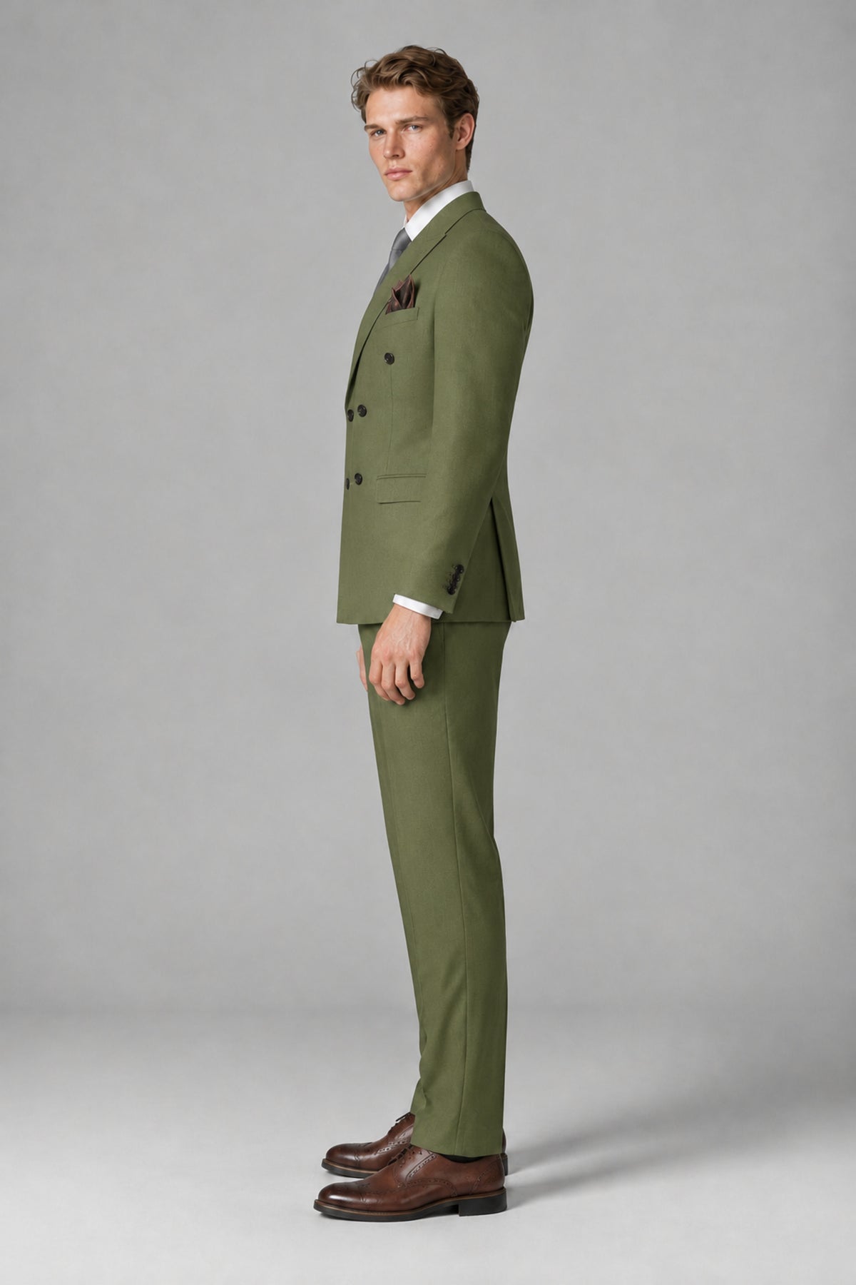 Bolodoo Men's Olive Green Double-Breasted Two-Piece Suit with Peak Lapels - Olive Green - Olive Green_4