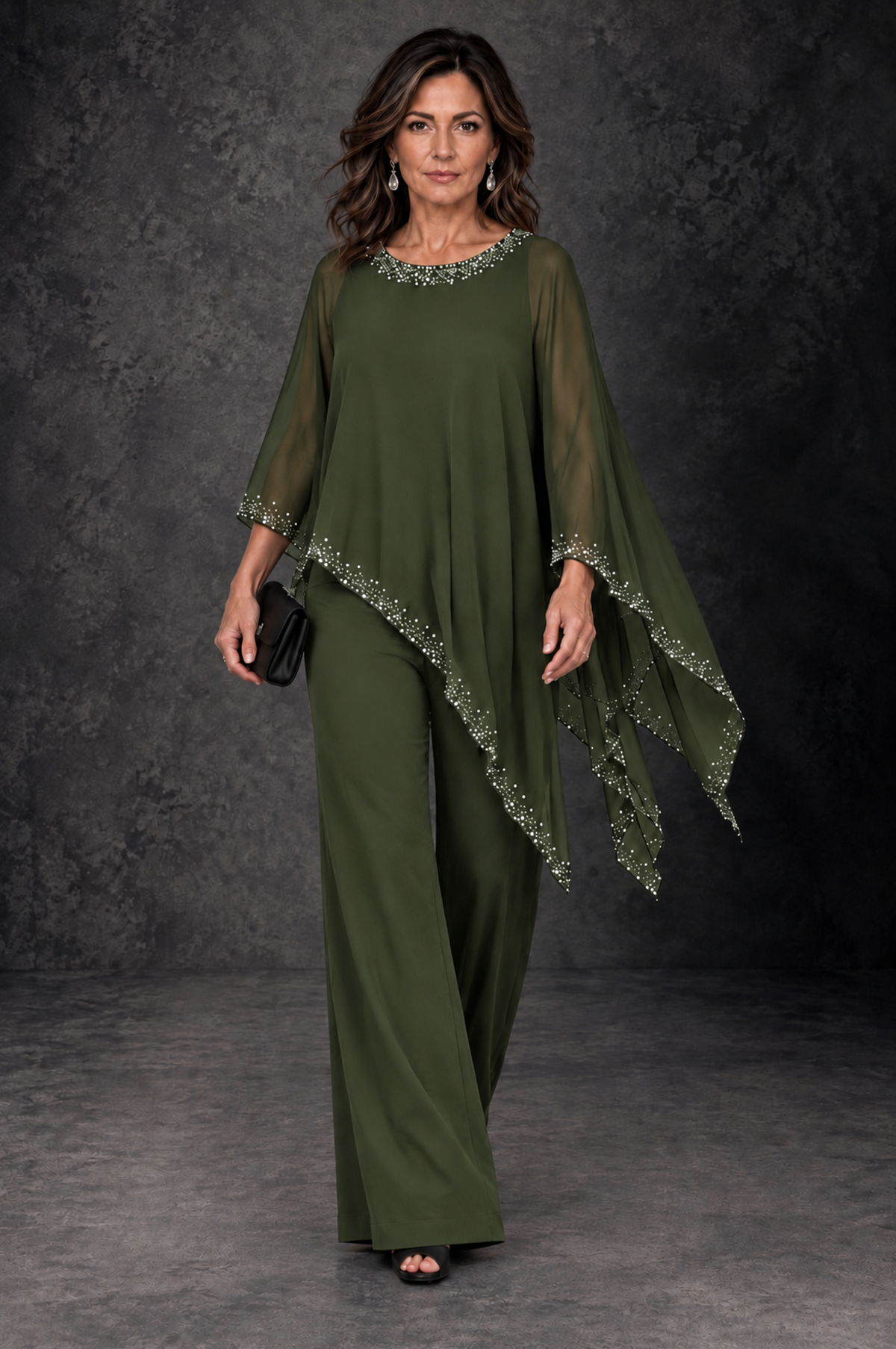 BOLODOO Olive Green Embellished Cape Mother of the Bride Pantsuit - Olive Green - Olive_Green_4