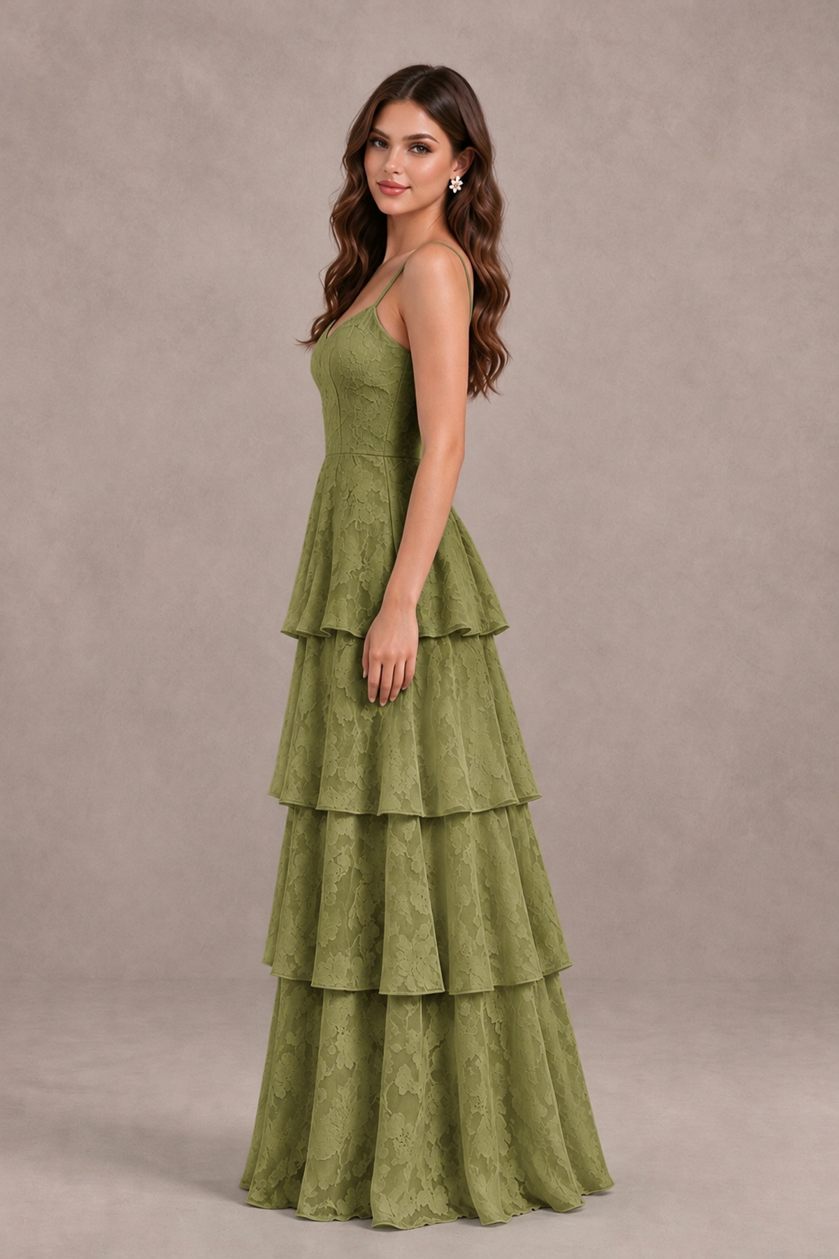 BOLODOO Olive Green Tiered Floral-Textured Spaghetti Strap Maxi Dress - Olive Green - Olive Green_4