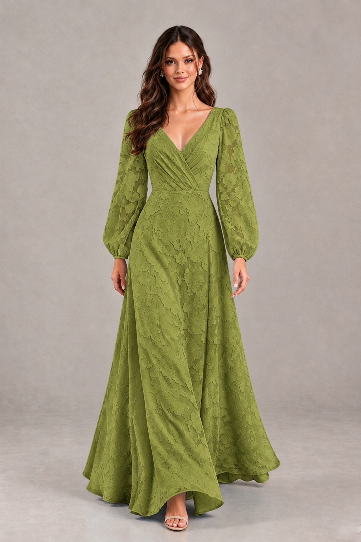 BOLODOO Olive Green Long Sleeve V-Neck A-Line Mother of the Bride Dress - Olive Green - Olive Green_4