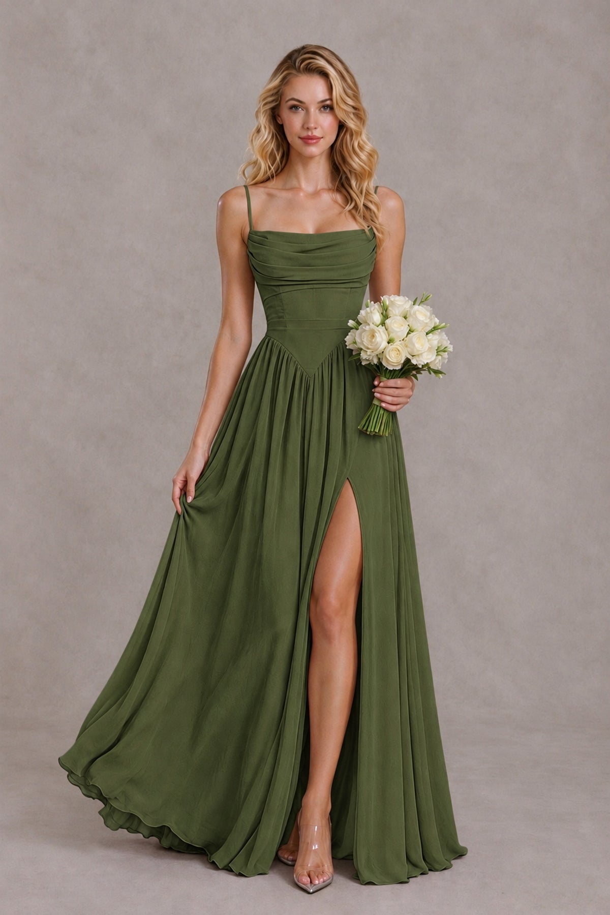 BOLODOO Olive Green Spaghetti Strap A-Line Bridesmaid Dress with Slit - Olive Green - Olive Green_4