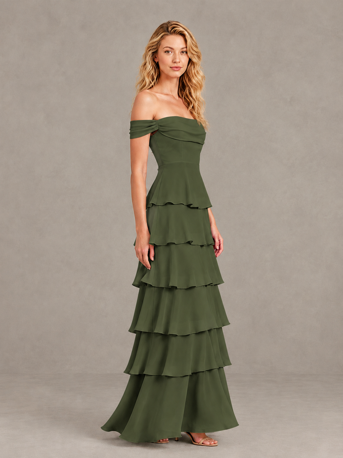 BOLODOO Olive Green Off-Shoulder Tiered Ruffle Bridesmaid Dress with Lace-Up Back - Olive Green - Olive Green_4