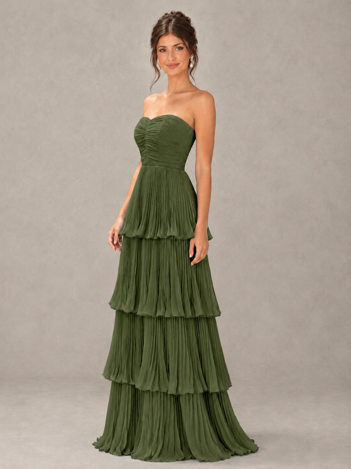 BOLODOO Olive Green Strapless Tiered Pleated Bridesmaid Dress - Olive Green - Olive Green_4