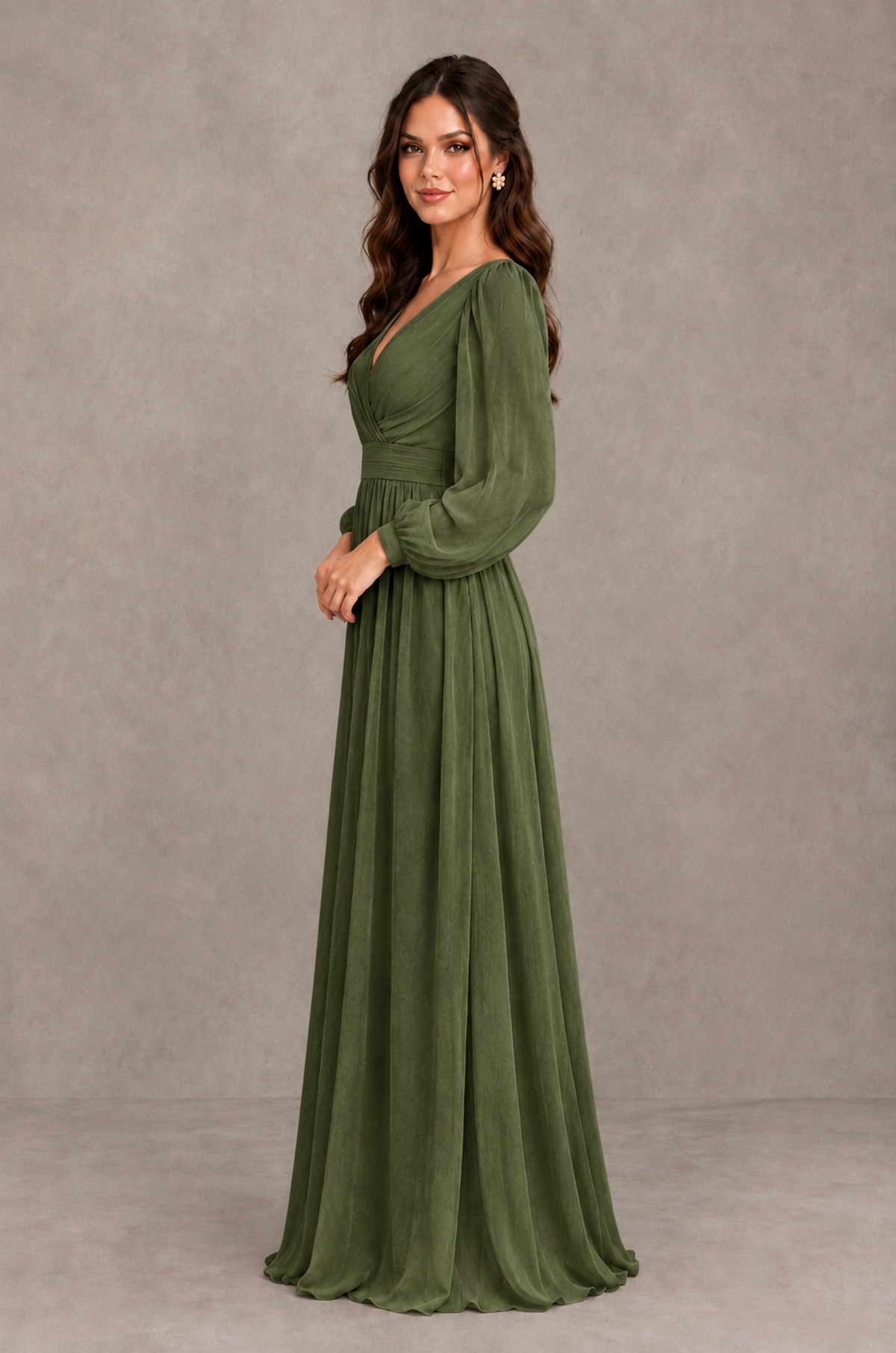 BOLODOO Olive Green Long Sleeve V-Neck A-Line Bridesmaid Dress - Olive Green - Olive Green_4