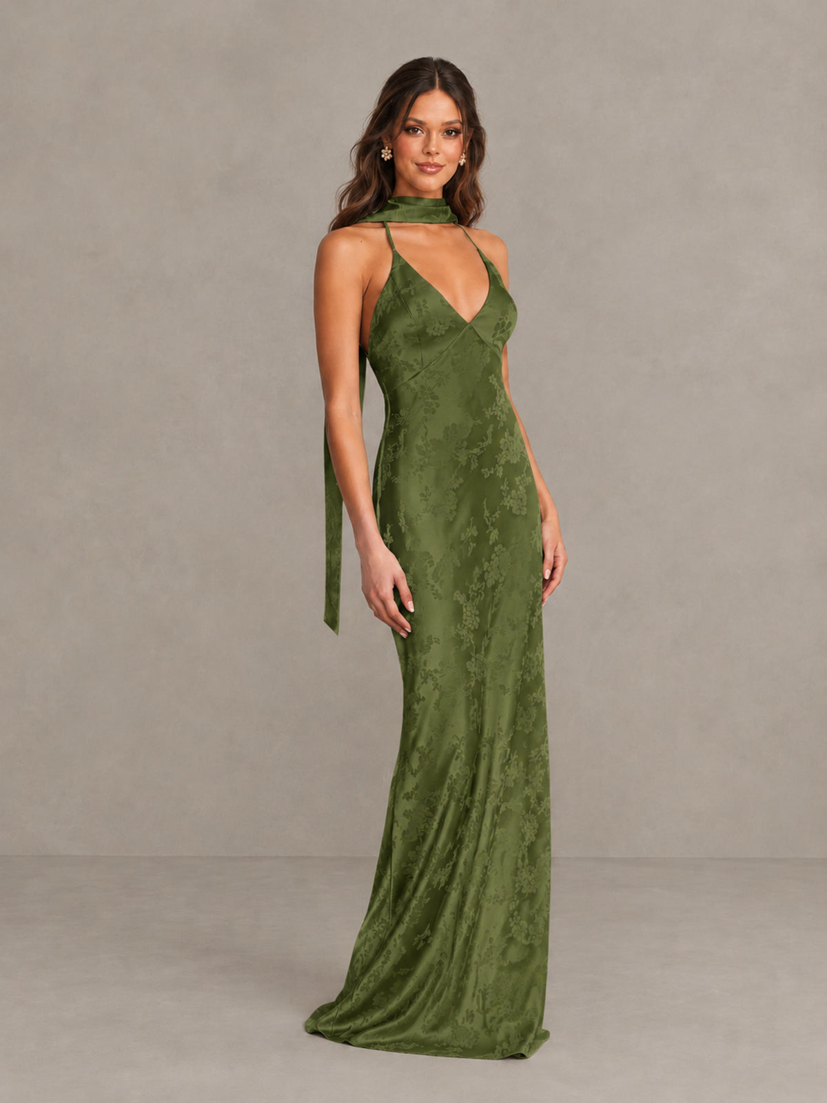 BOLODOO Olive Green Floral Satin Open-Back Bridesmaid Dress - Olive Green - Olive Green_4