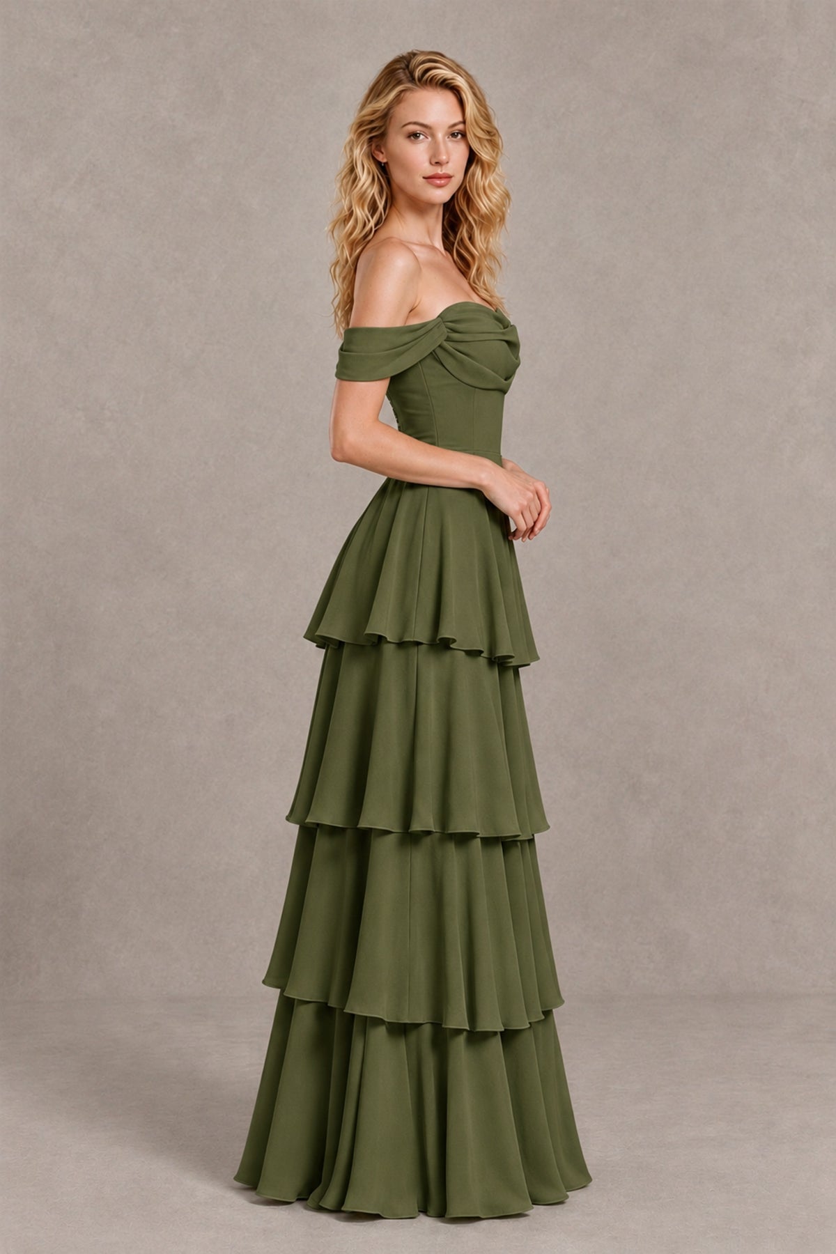 BOLODOO Olive Green Off-the-Shoulder Tiered A-Line Evening Bridesmaid Dress - Olive Green - Olive Green_4