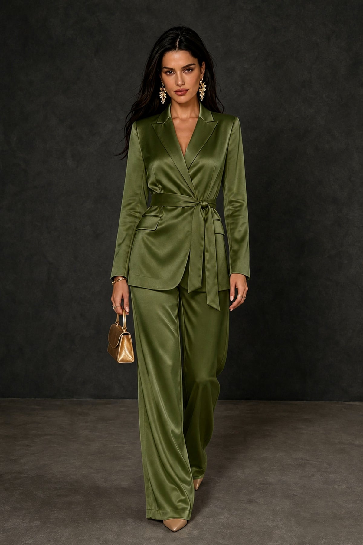 BOLODOO Olive Green Satin Wrap Blazer Wide-Leg Pants Two-Piece Suit Set – Evening Gala Wedding Guest - Olive Green