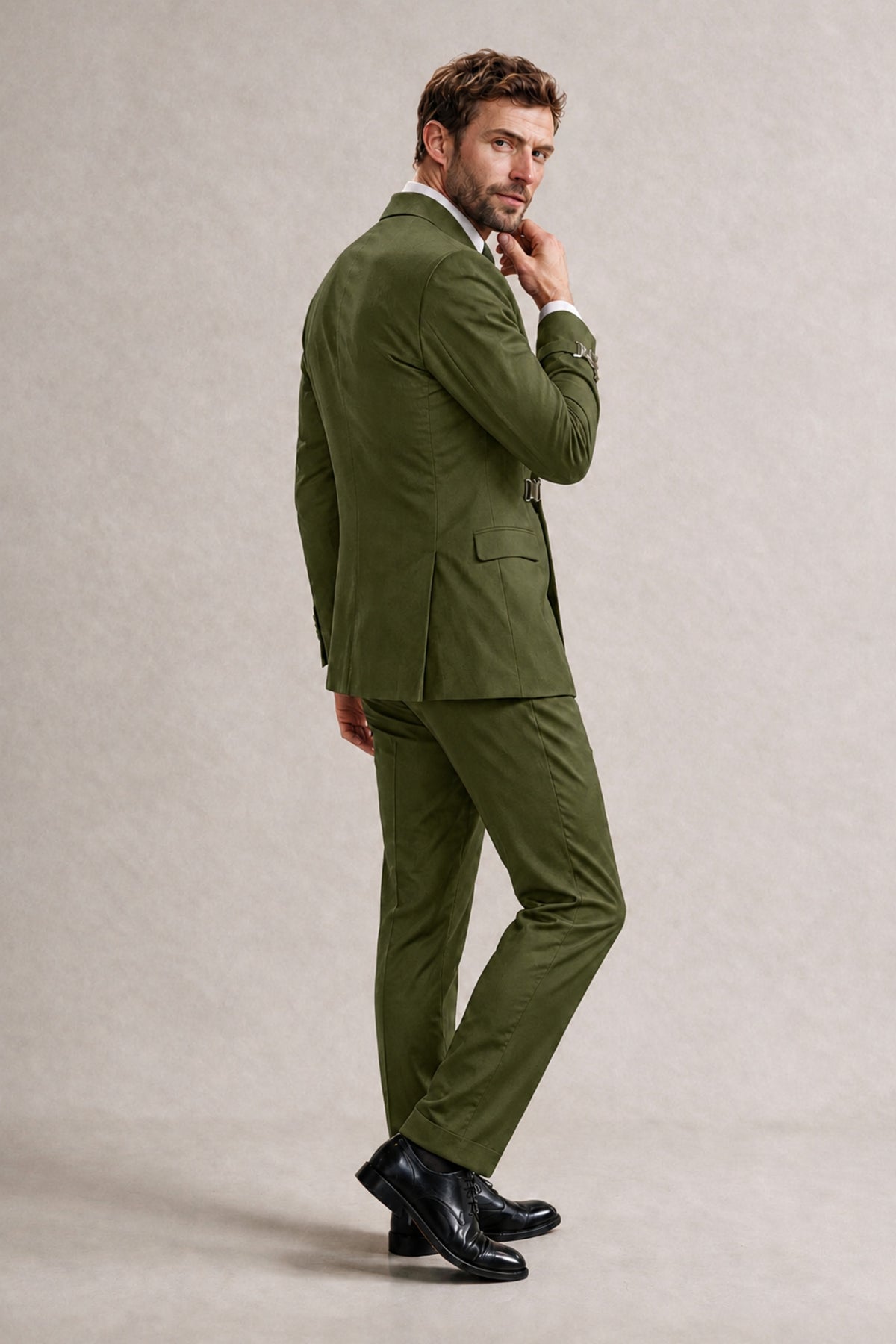 BOLODOO Men's Olive Green Double-Breasted 2-Piece Suit Set – Blazer & Tailored Trousers - Olive Green