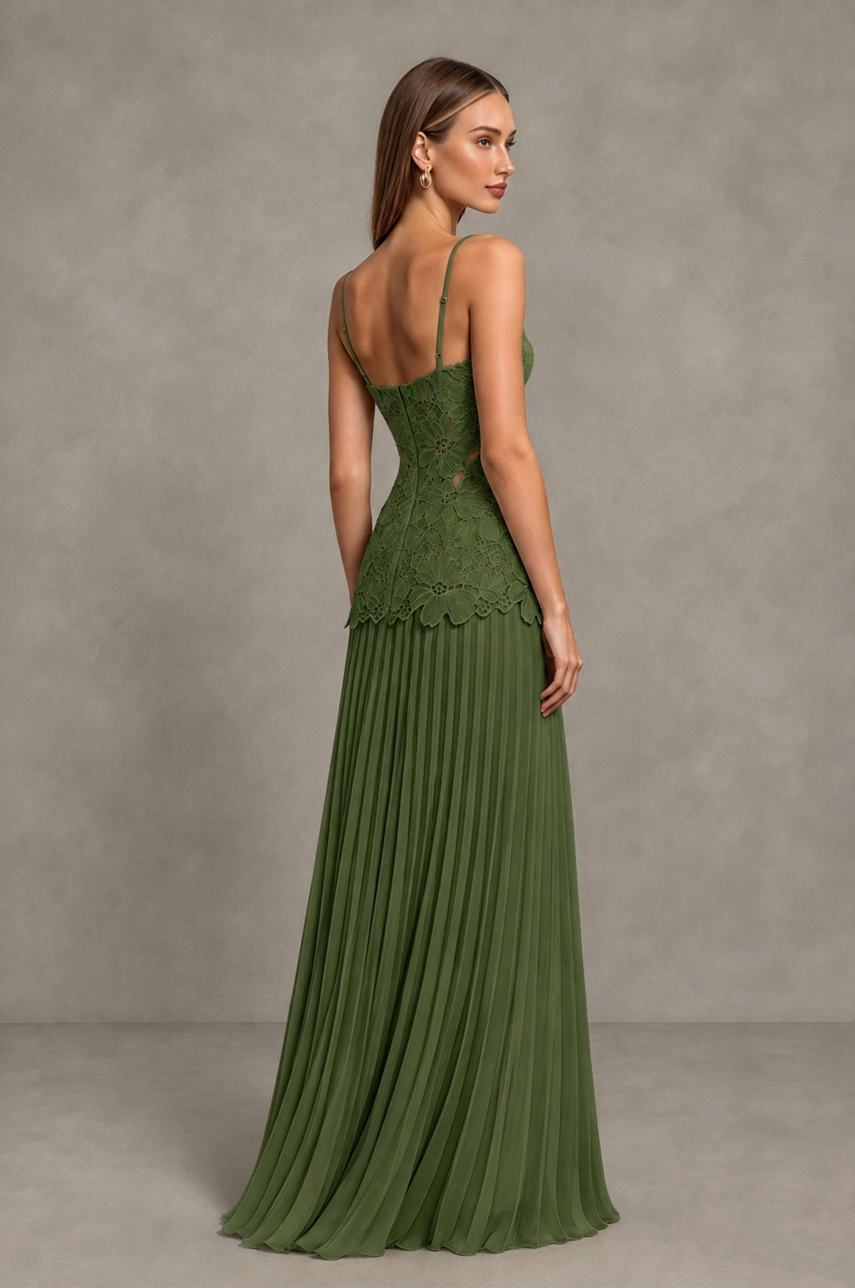 BOLODOO Olive Green Lace Bodice Pleated Wedding Guest Dress - Olive Green - Olive Green_4
