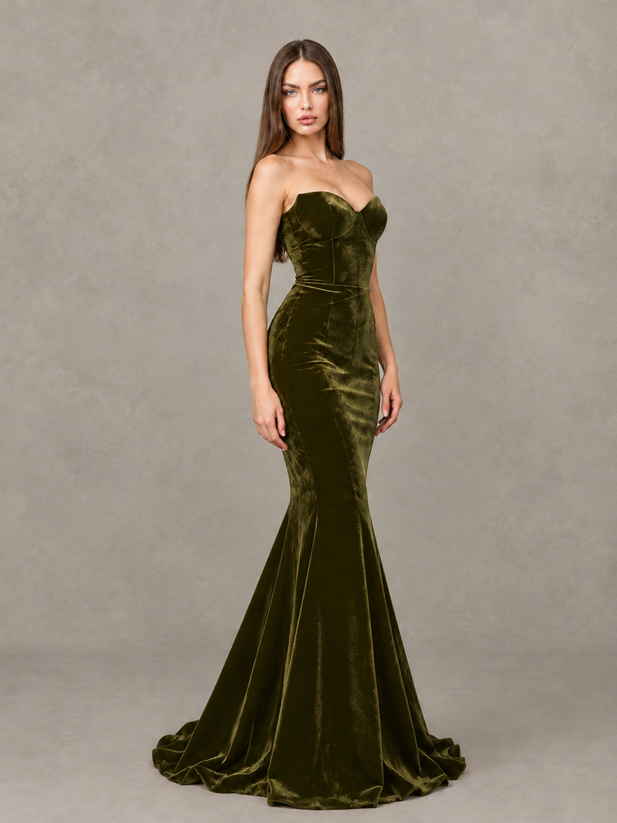 BOLODOO Olive Green Strapless Sweetheart Velvet-Look Mermaid Evening Dress - Olive Green - Olive Green_4