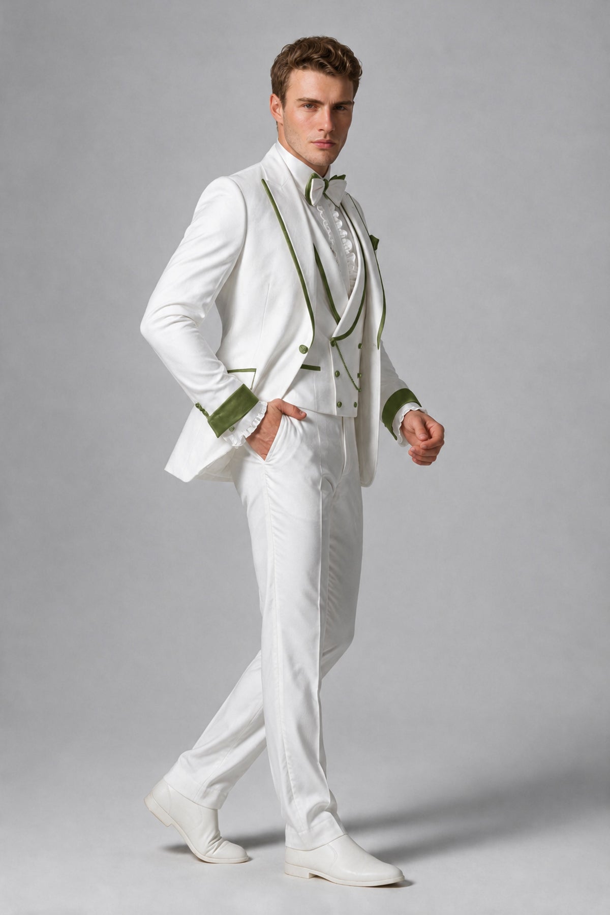 Bolodoo Men's White and Olive Green Three-Piece Wedding Tuxedo Suit - Olive Green - Olive Green_4