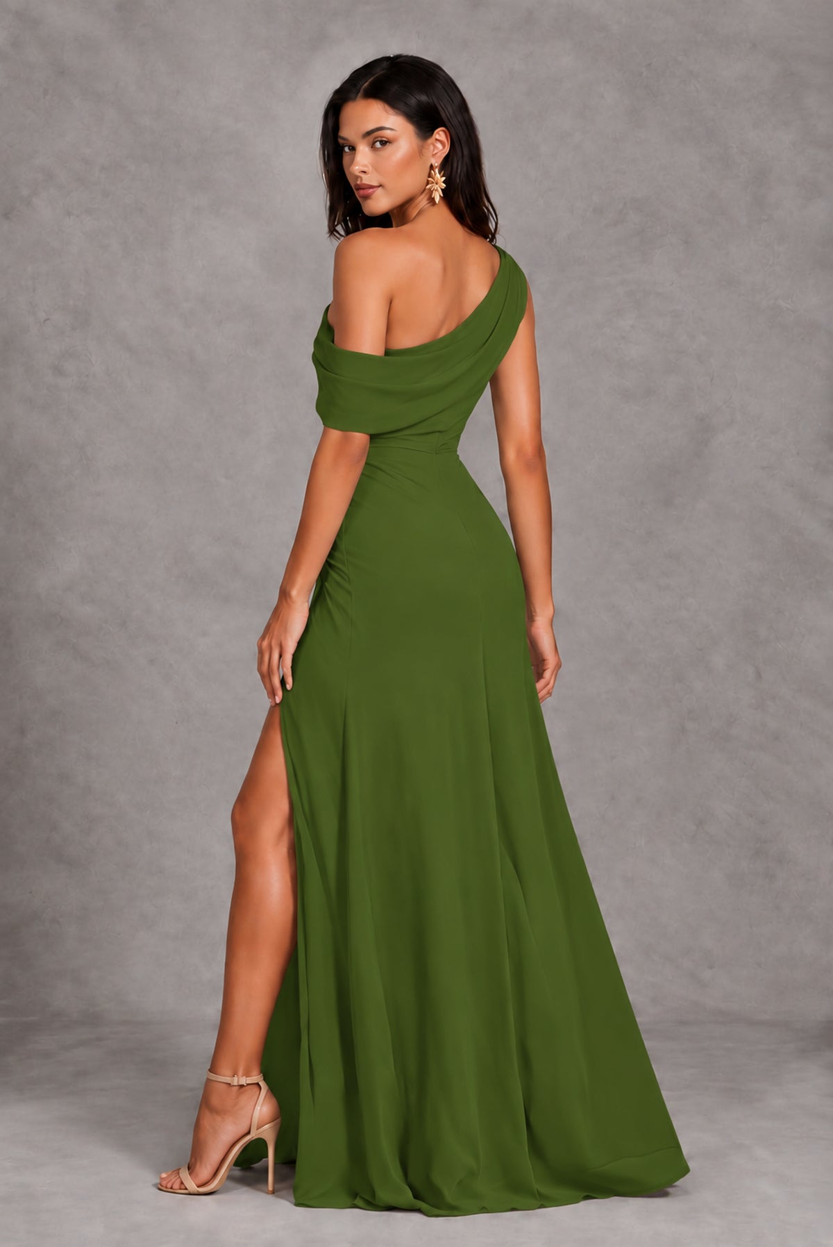 Olive Green One-Shoulder Floor-Length Evening Gown with High Slit - Olive Green