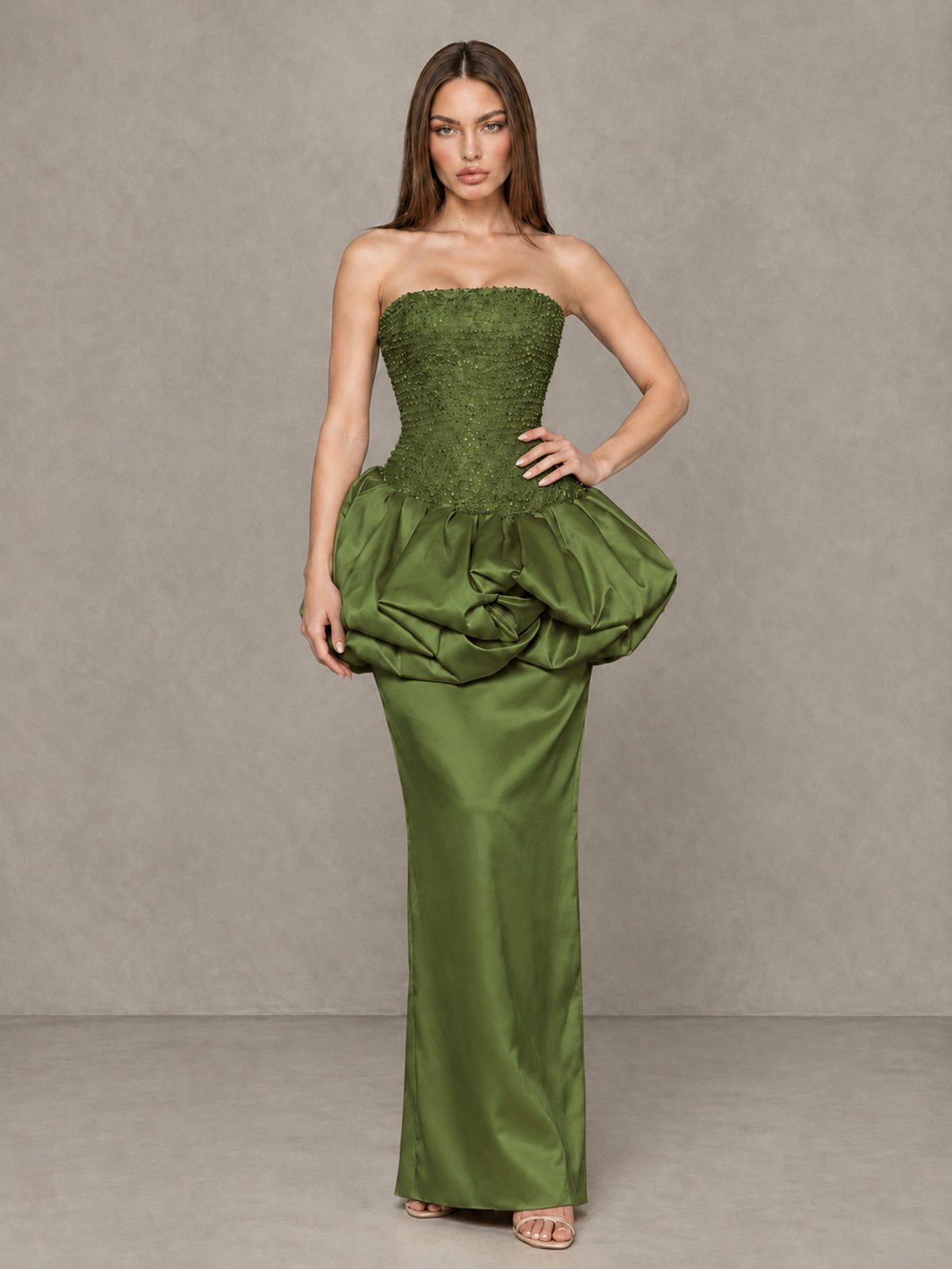 BOLODOO Olive Green Strapless Embellished Bubble Peplum Evening Dress - Olive Green - Olive Green_4