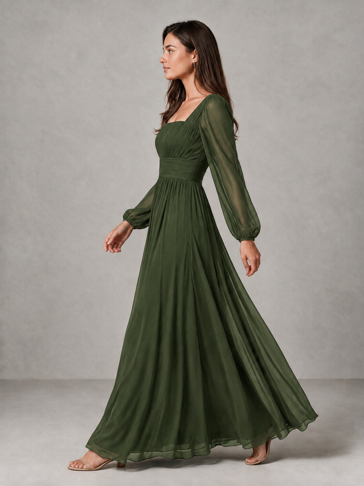 BOLODOO Olive Green Square Neck Long Sleeve Chiffon Bridesmaid Dress - Olive Green - Olive Green_4