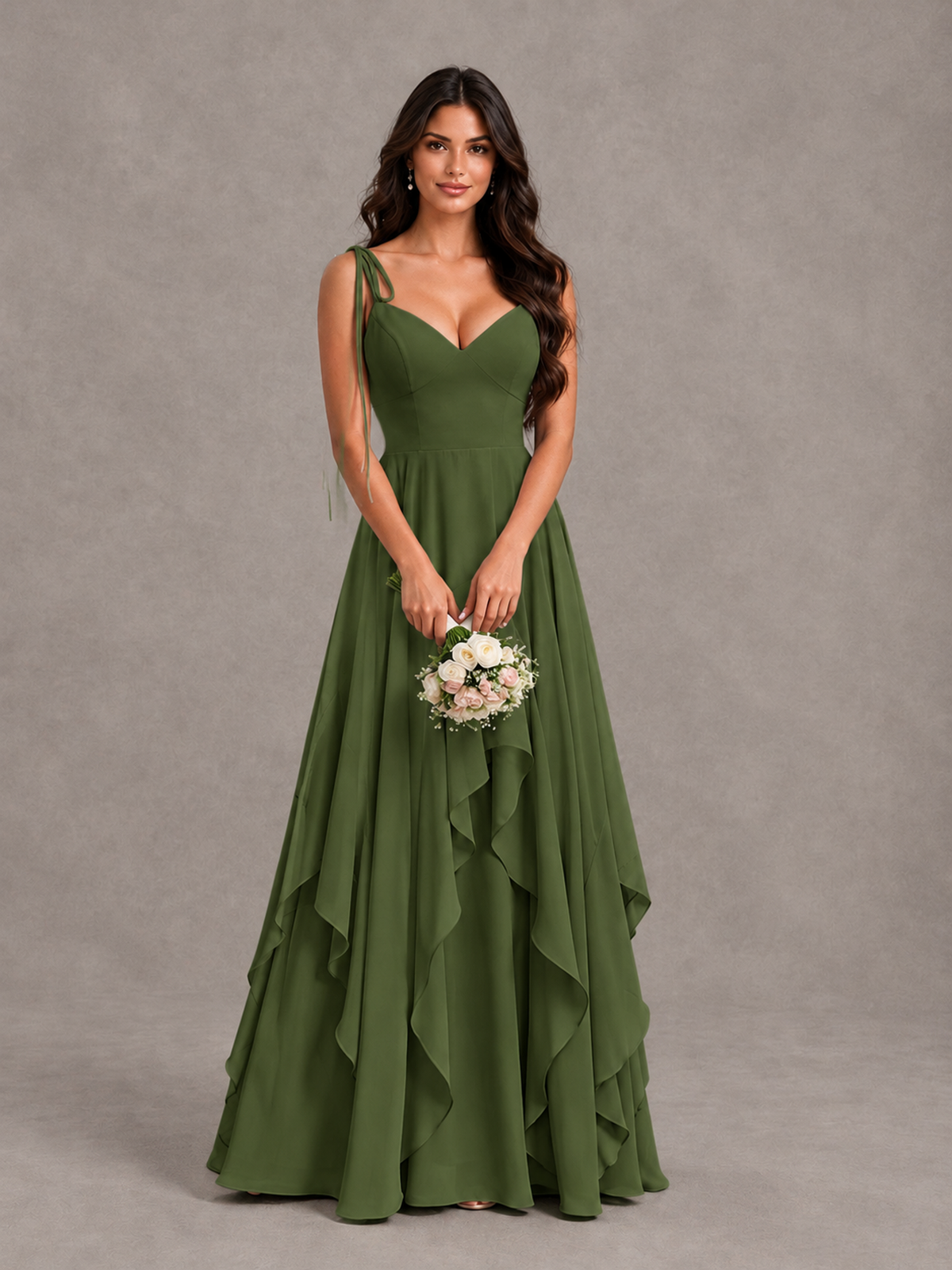 BOLODOO Olive Green Tie-Strap Ruffle A-Line Bridesmaid Dress - Olive Green - Olive Green_4