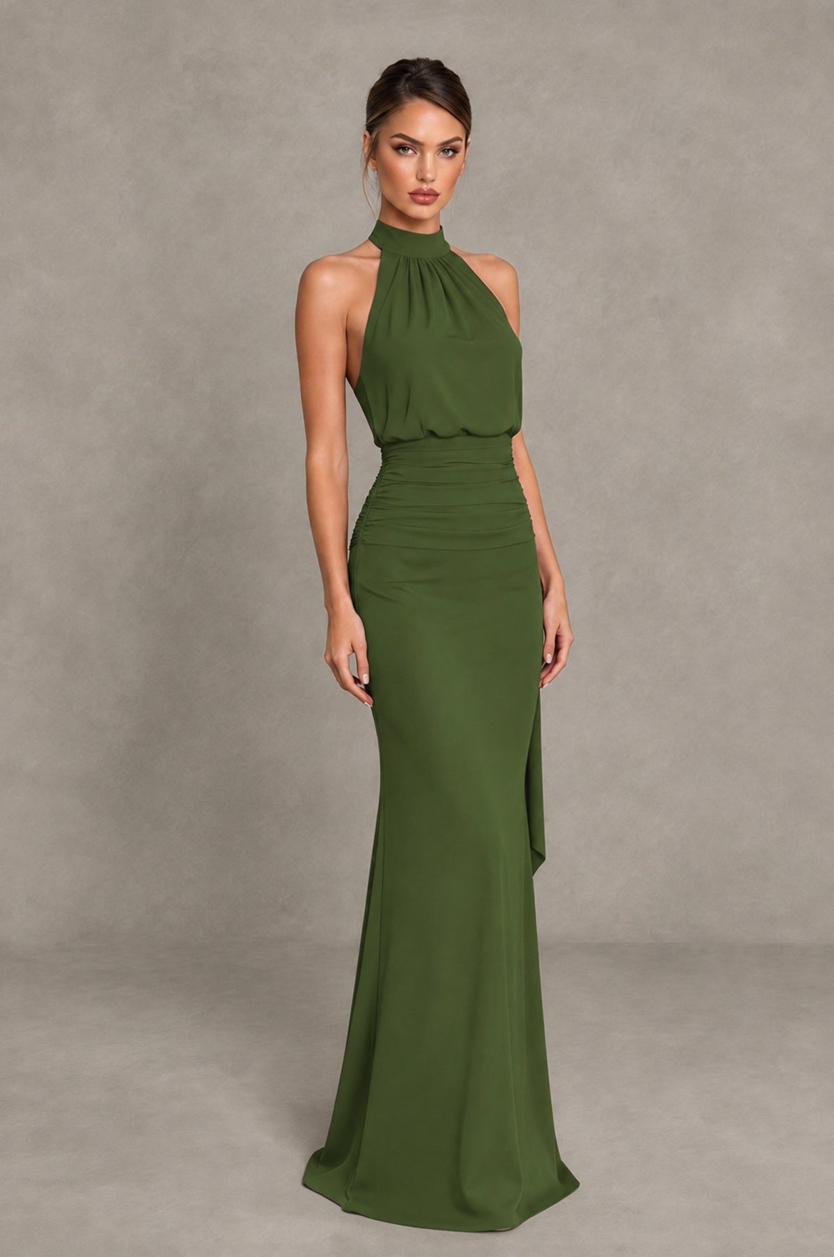 BOLODOO Olive Green Chiffon Halter Maxi Formal Wedding Guest Dress - Olive Green - Olive Green_4