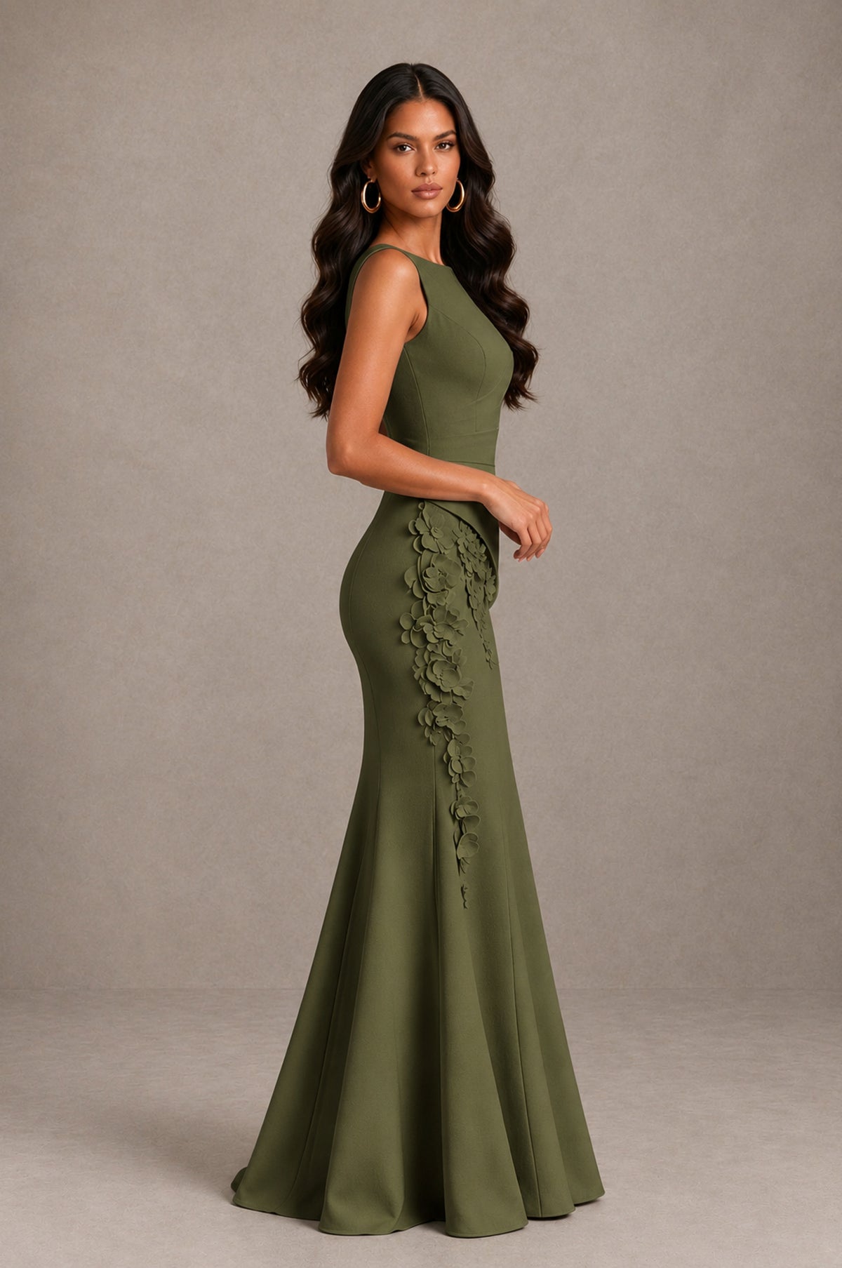 BOLODOO Olive Green Bateau Neck Sleeveless Asymmetric Peplum 3D Petal Appliqué Mermaid Gown BD0421 - Olive Green - Olive Green_4