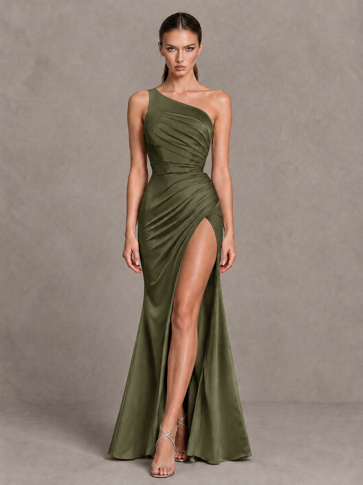 BOLODOO Olive Green One-Shoulder Ruched Satin-Look Evening Gown with High Slit - Olive Green - Olive Green_4