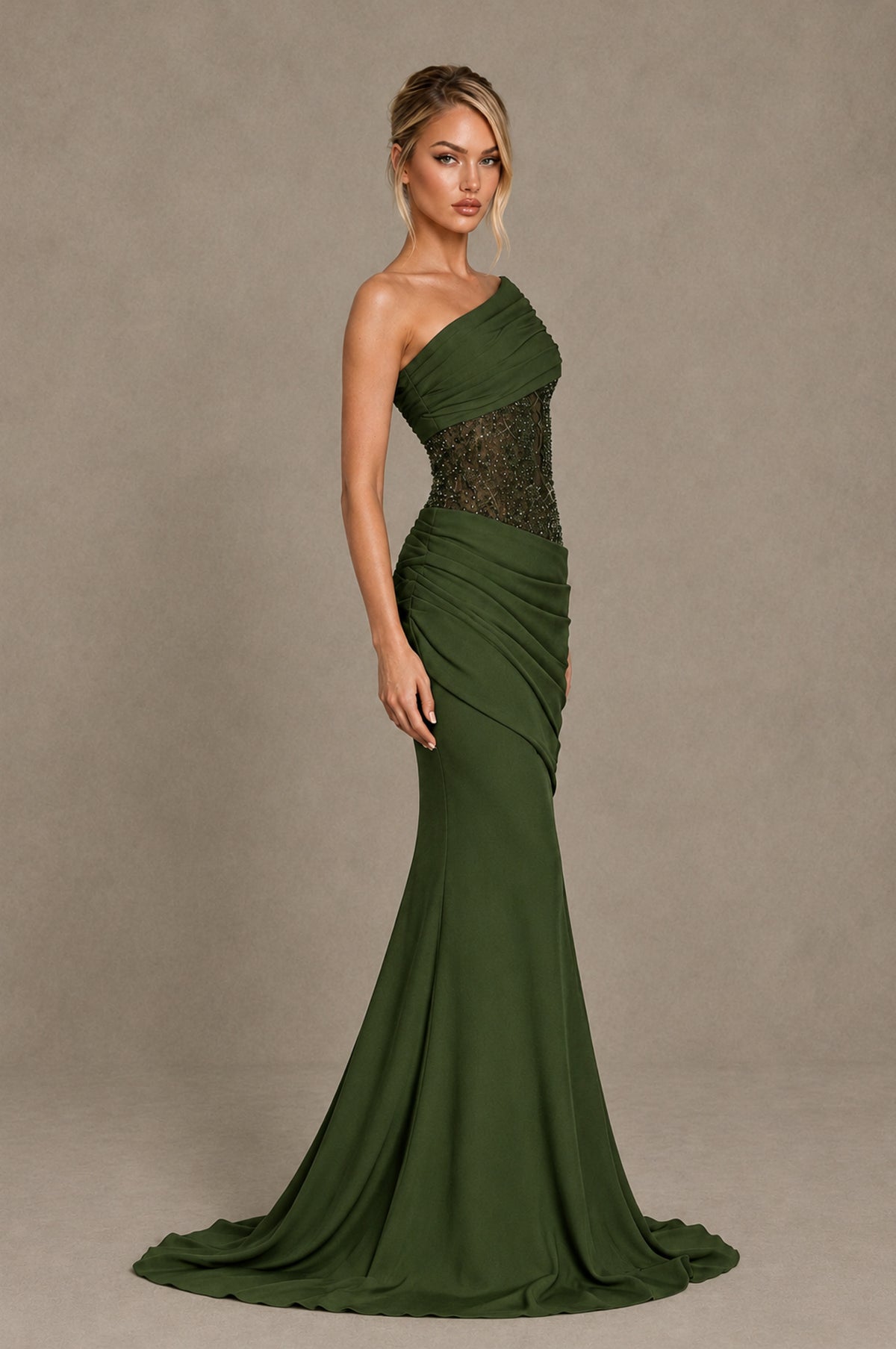 BOLODOO Olive Green One-Shoulder Sequin Embroidered Ruched Mermaid Gown with Train - Olive Green - Olive Green_4