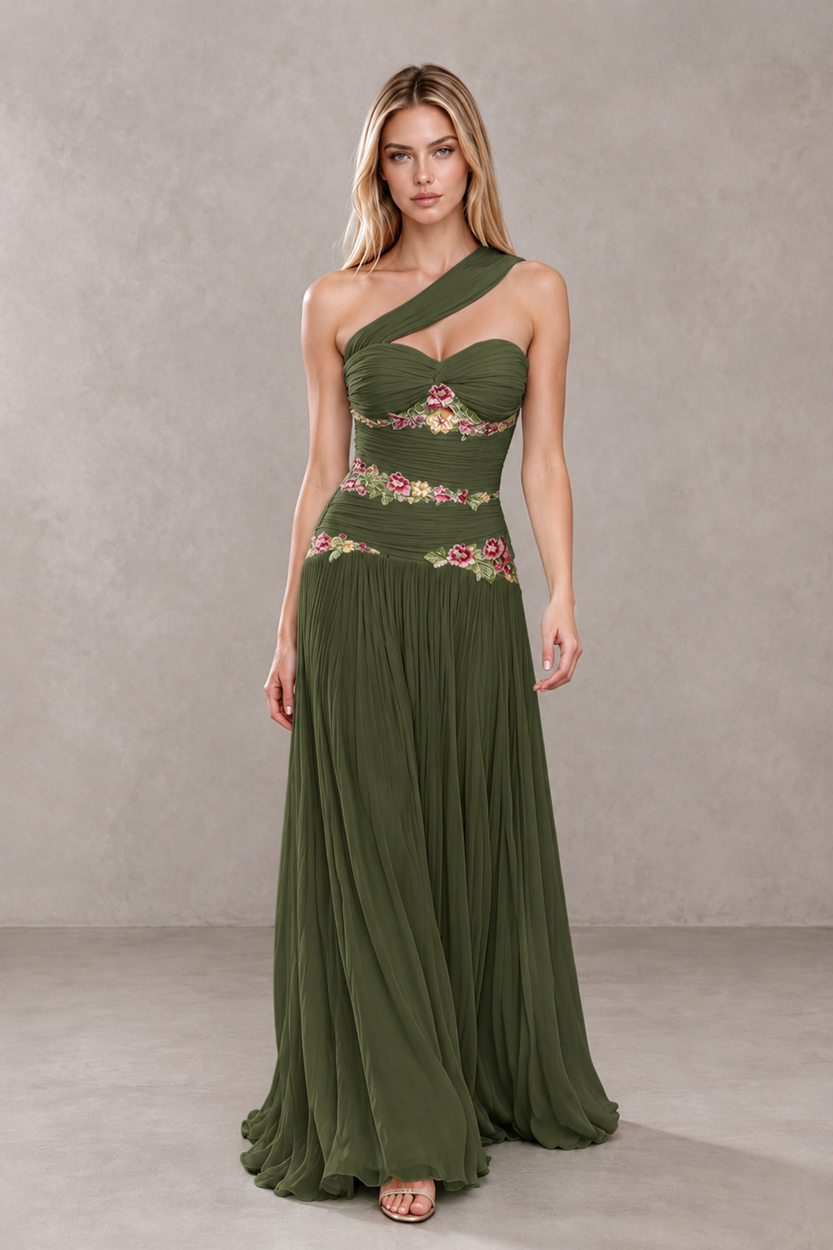 BOLODOO Olive Green One-Shoulder Floral Applique A-Line Evening Dress - Olive Green - Olive Green_4