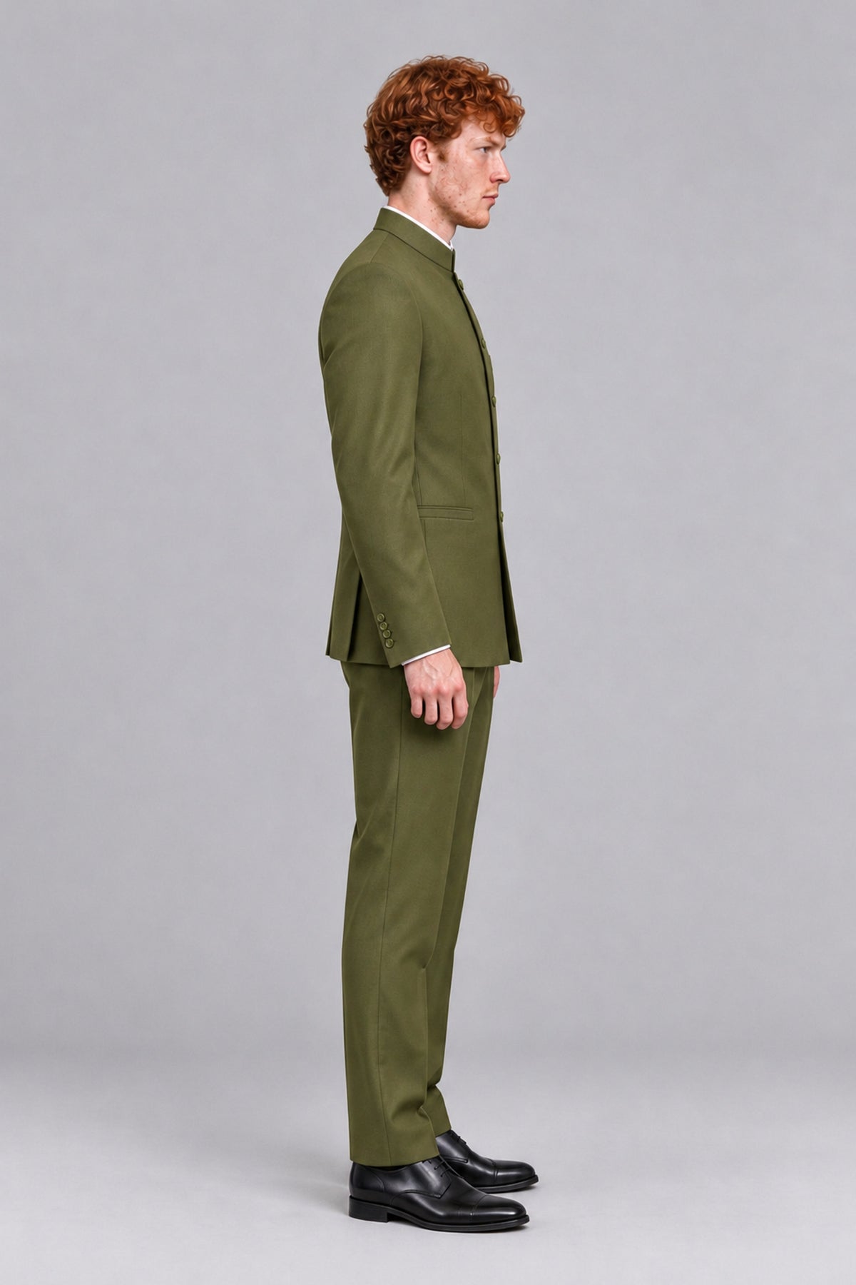 BOLODOO Men's Olive Green Mandarin Collar Two-Piece Suit - Olive Green - Olive Green_4