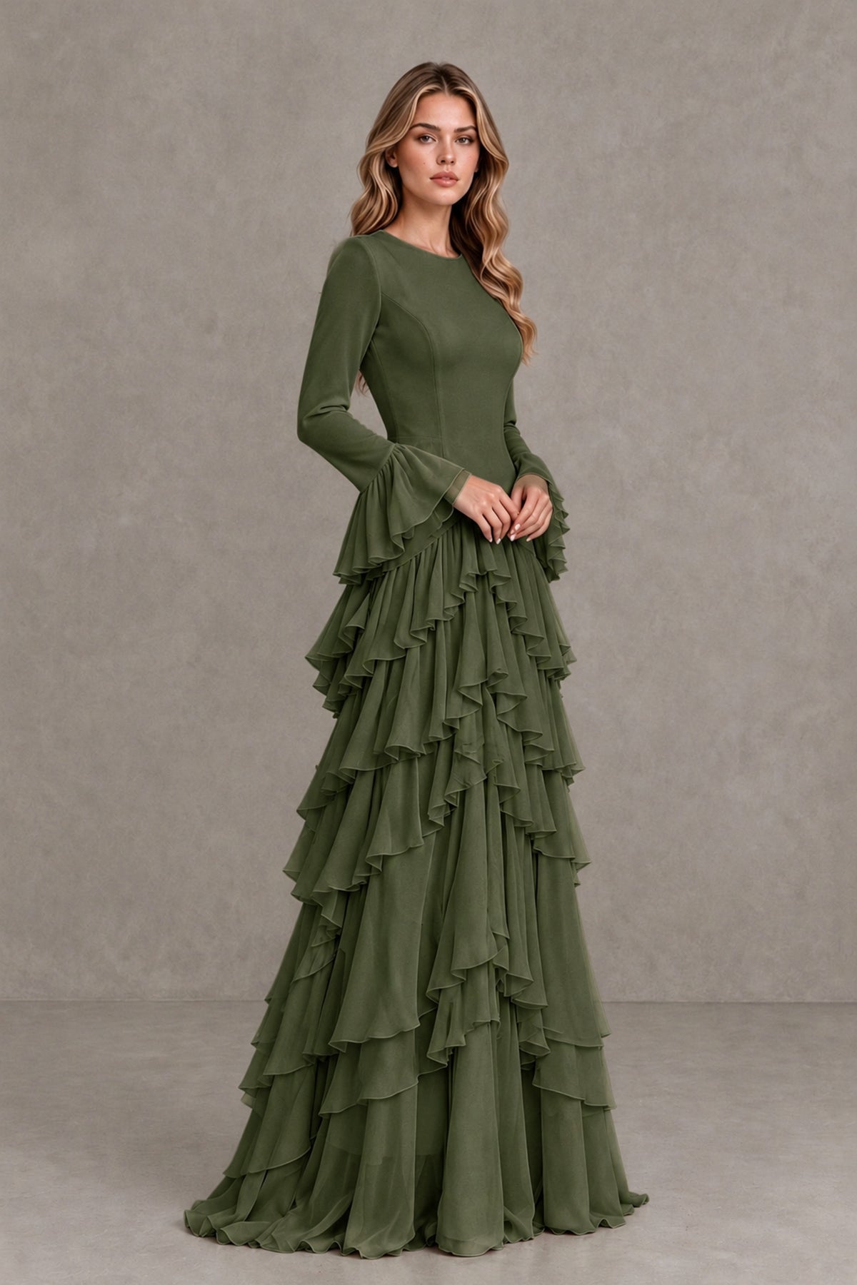 Olive Green Long Sleeve Tiered Ruffle Evening Gown - Olive Green - Olive Green_4