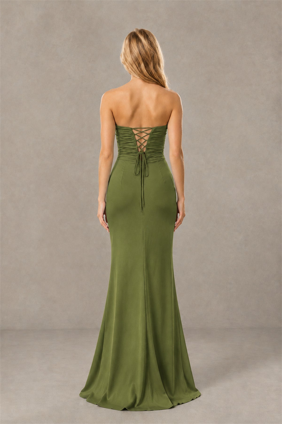BOLODOO Olive Green Sweetheart Strapless Twist Knot Cutout Lace-Up Back Satin Mermaid Maxi Dress - Olive Green - Olive Green(4)