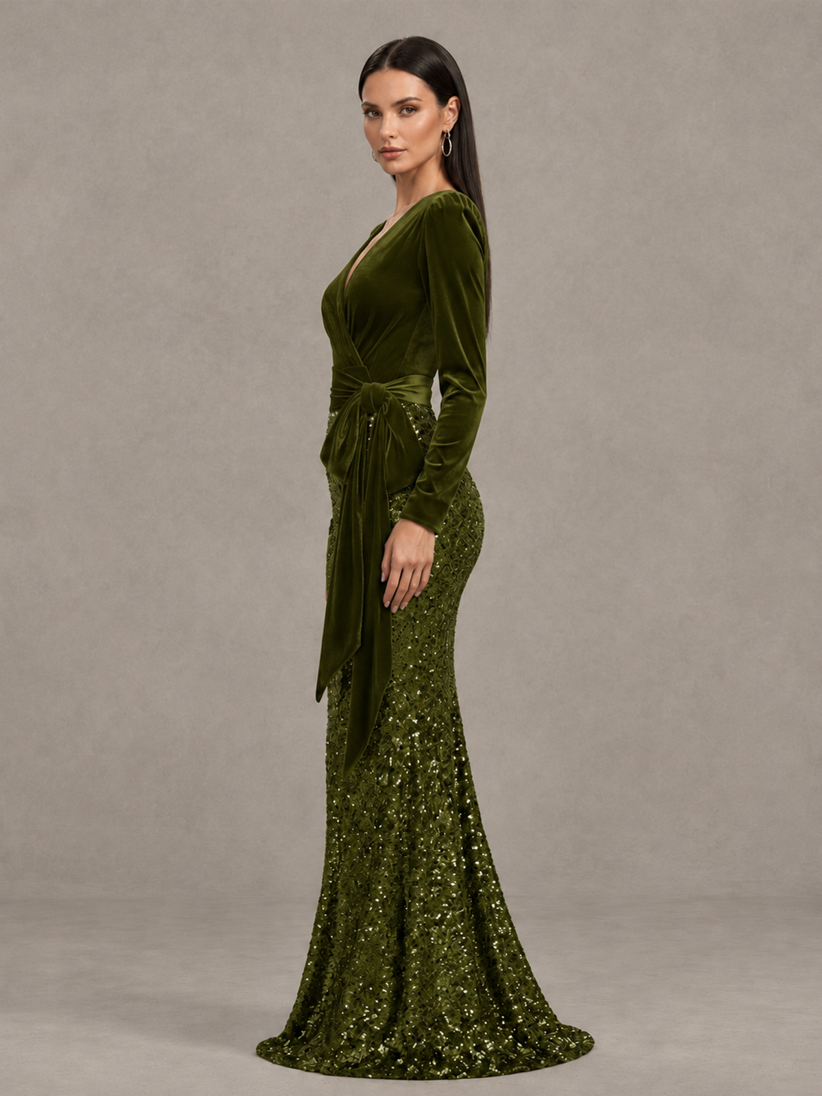 BOLODOO Olive Green Velvet & Sequin Long Sleeve V-Neck Mermaid Evening Gown - Olive Green - Olive Green_4