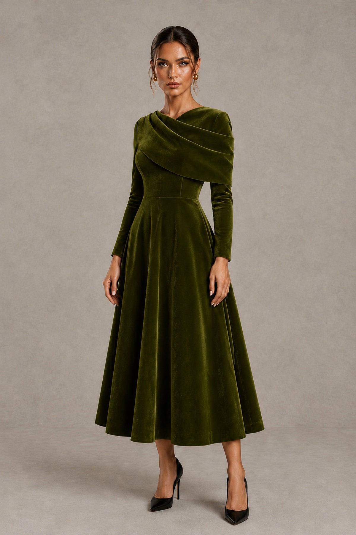 BOLODOO Olive Green Velvet-Look Long Sleeve Tea-Length A-Line Dress with Draped Neckline - Olive Green - Olive Green_4