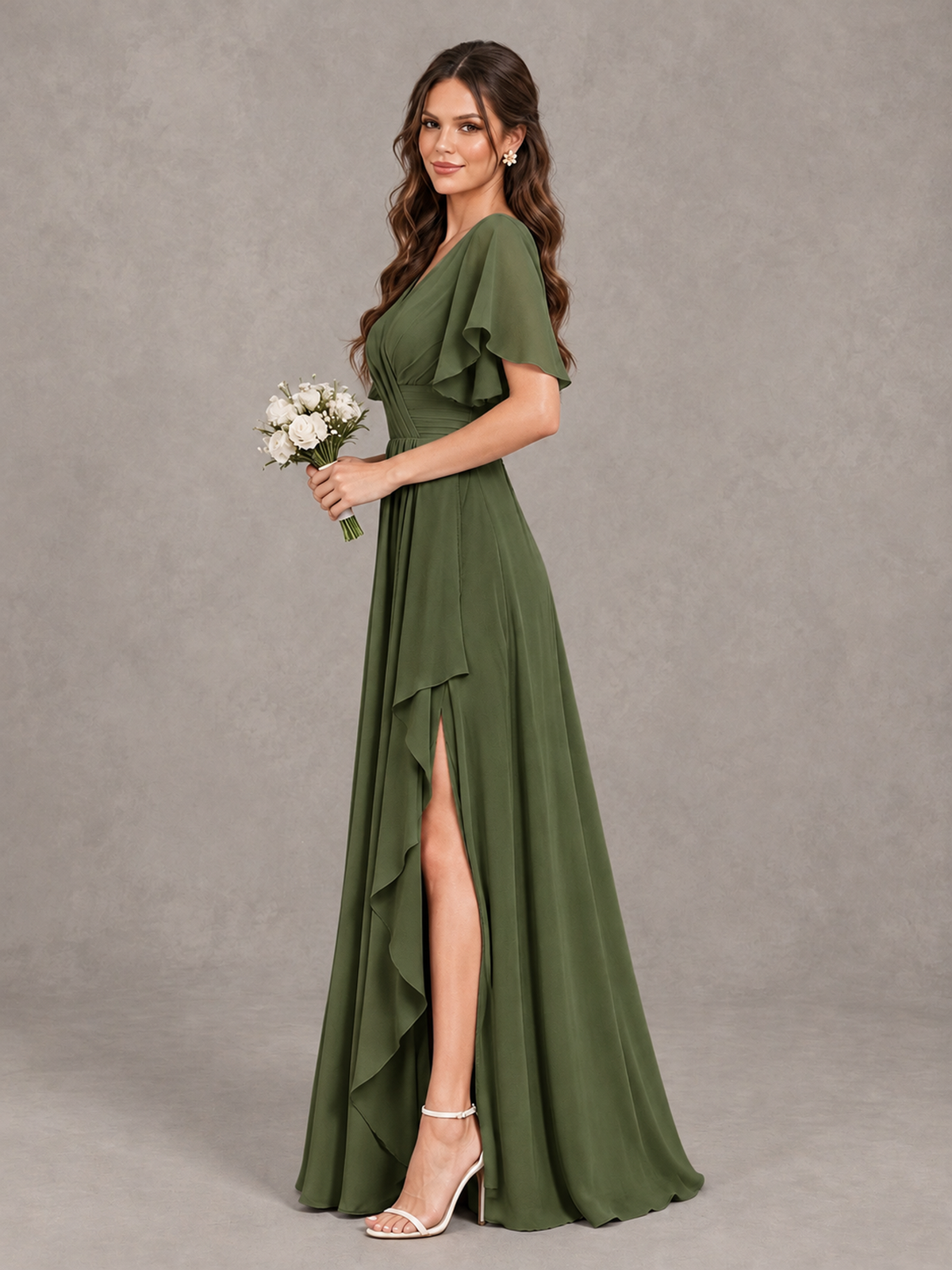BOLODOO Olive Green Flutter Sleeve V-Neck Bridesmaid Dress with Ruffle Slit - Olive Green - Olive Green_4