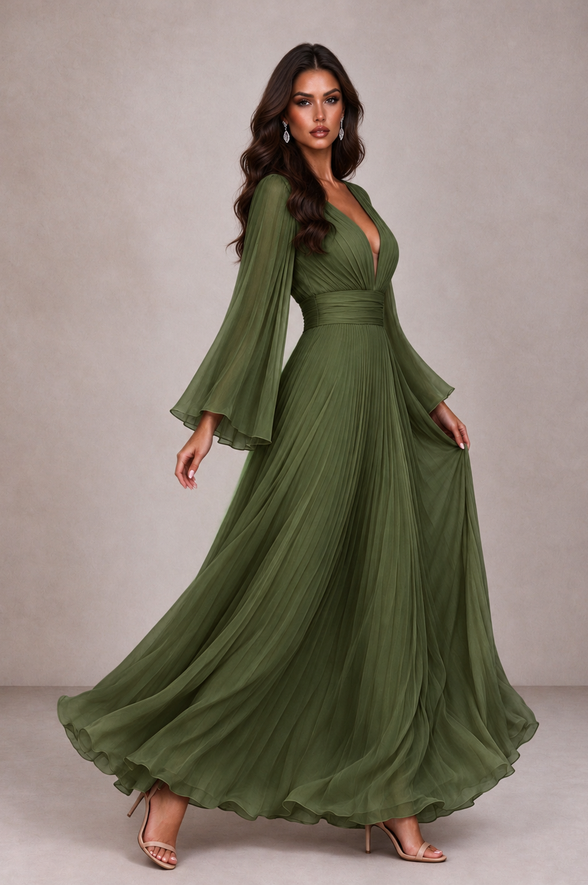 BOLODOO Olive Green Pleated Deep V-Neck Long Bell Sleeve Evening Dress - Olive Green - Olive_Green_4