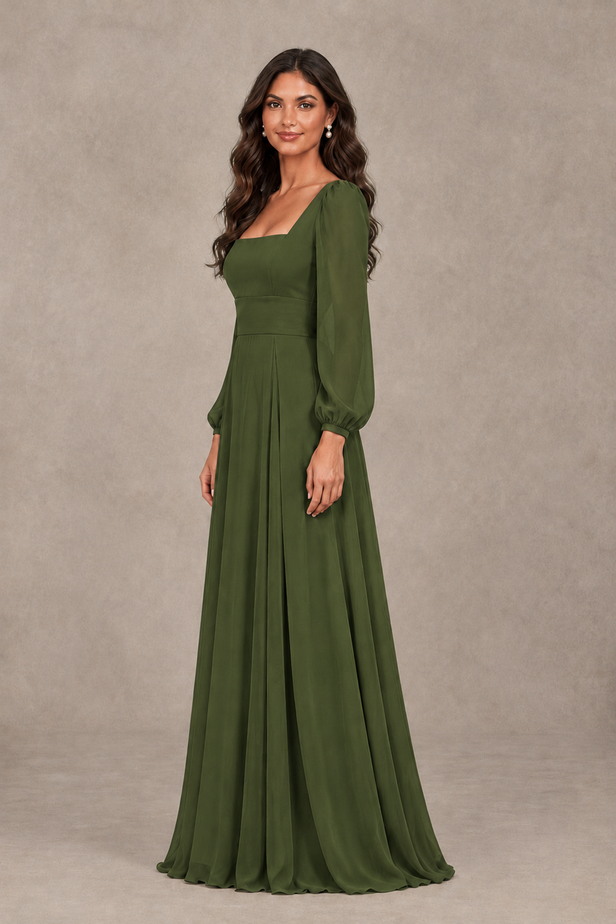 BOLODOO Olive Green Square Neck Long Sleeve A-Line Bridesmaid Dress - Olive Green - Olive Green_4