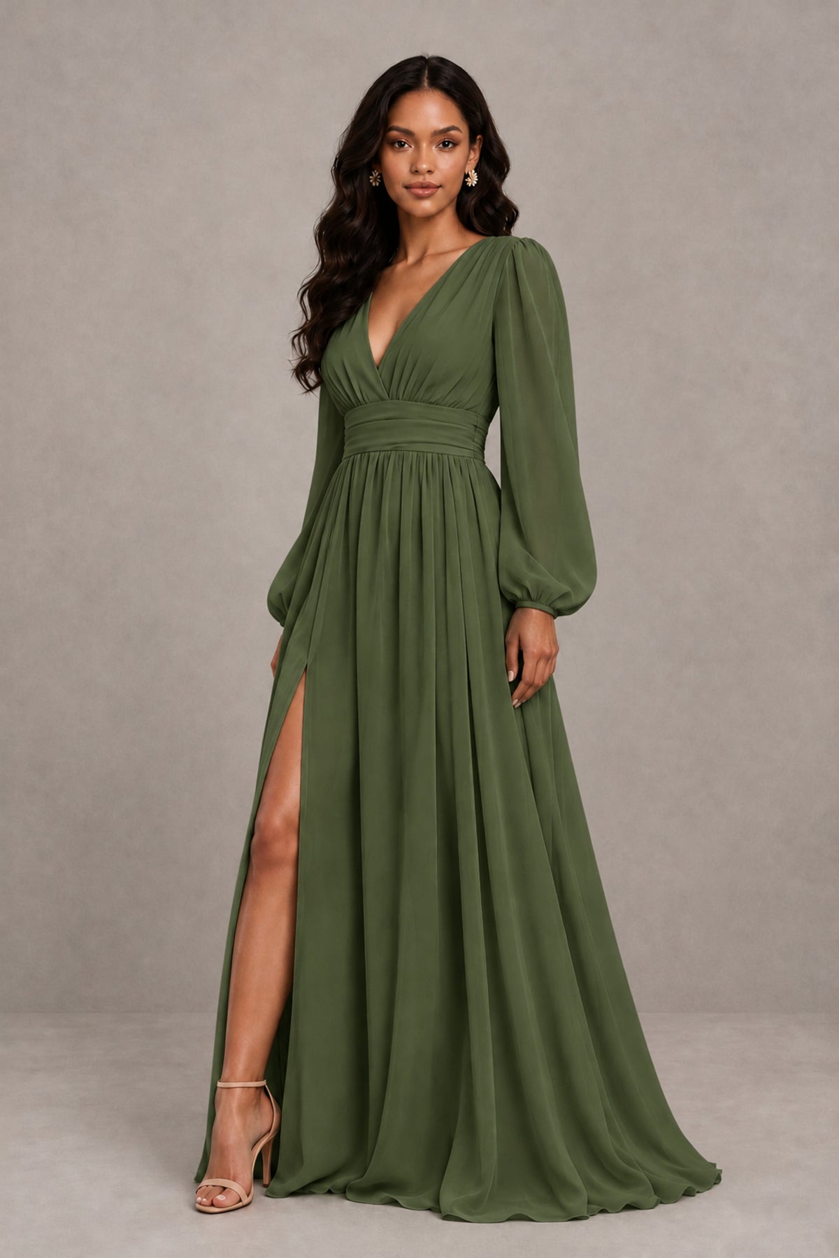 BOLODOO Olive Green Long Sleeve V-Neck A-Line Gown with Open Back & Slit - Olive Green - Olive Green_4