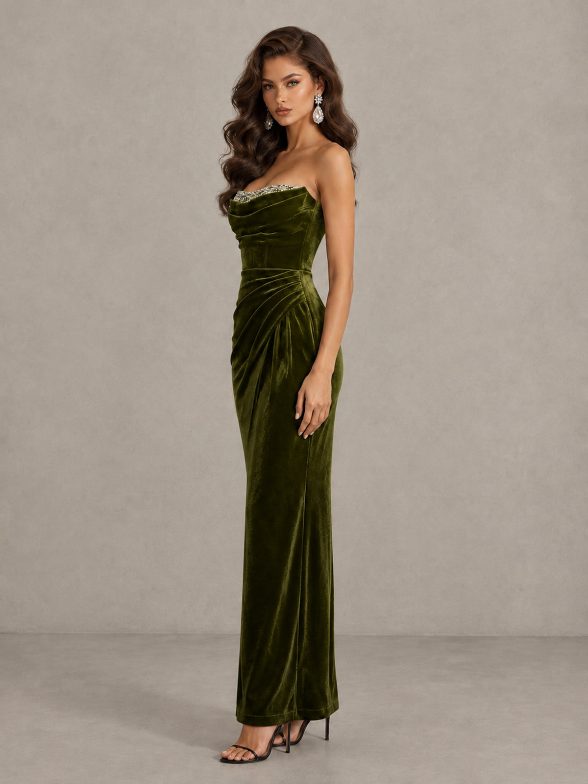 BOLODOO Olive Green Strapless Velvet Cocktail Maxi Dress - Olive Green - Olive Green_4
