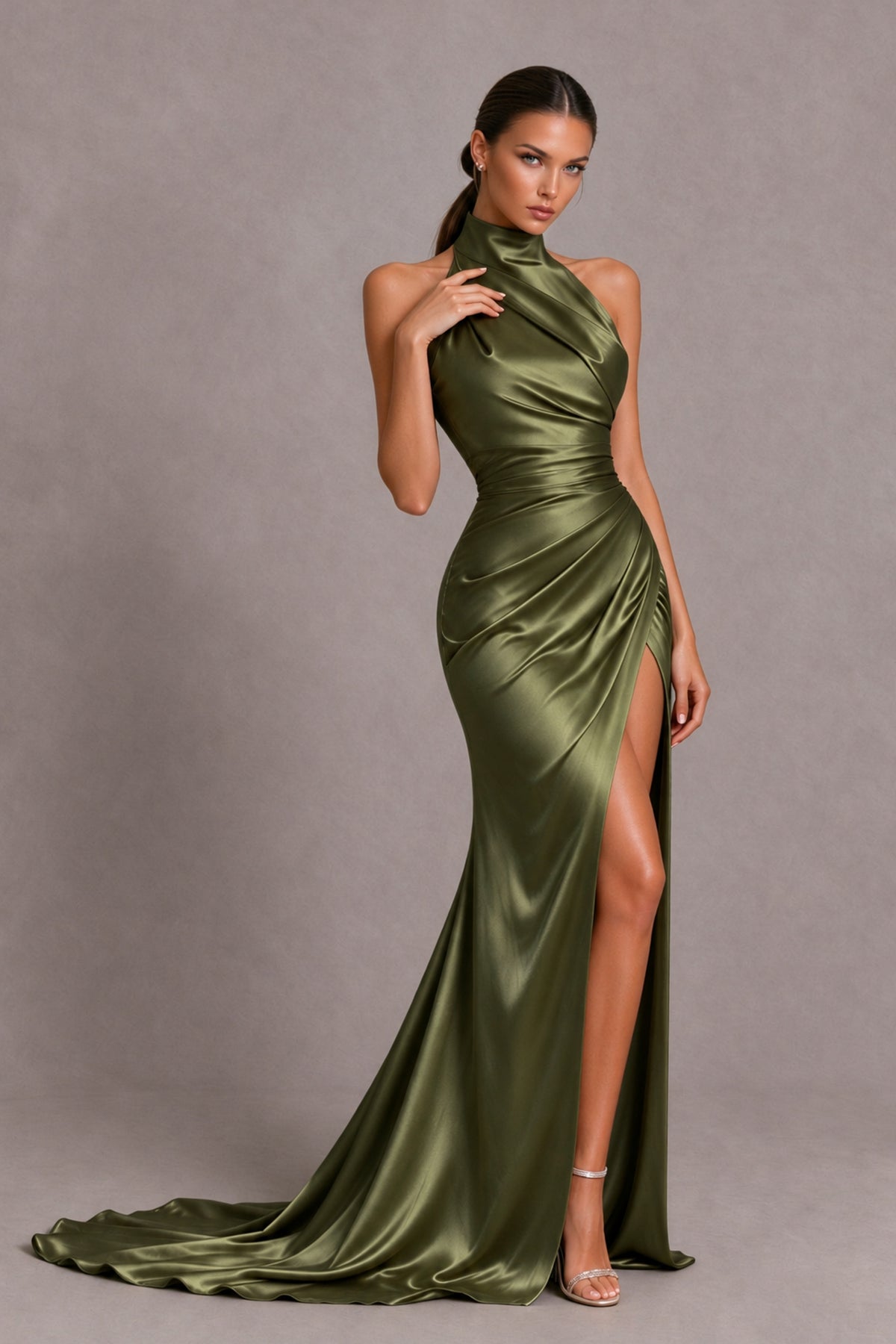 BOLODOO Olive Green Halter Satin-Look Evening Gown with High Slit - Olive Green - Olive Green_4