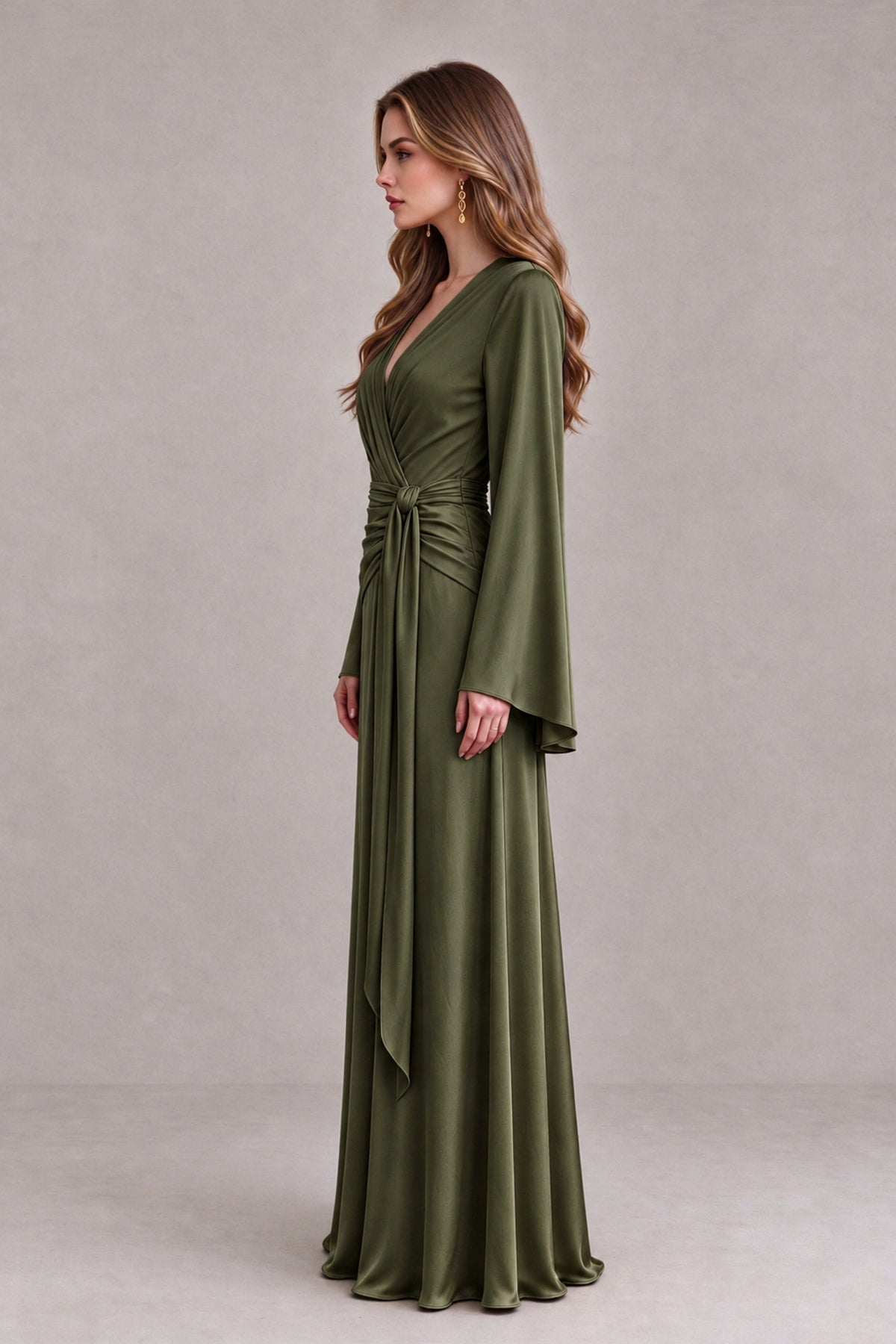 BOLODOO Olive Green Yellow Satin-Look V-Neck Long Bell Sleeve Evening Dress - Olive Green - Olive_Green_4