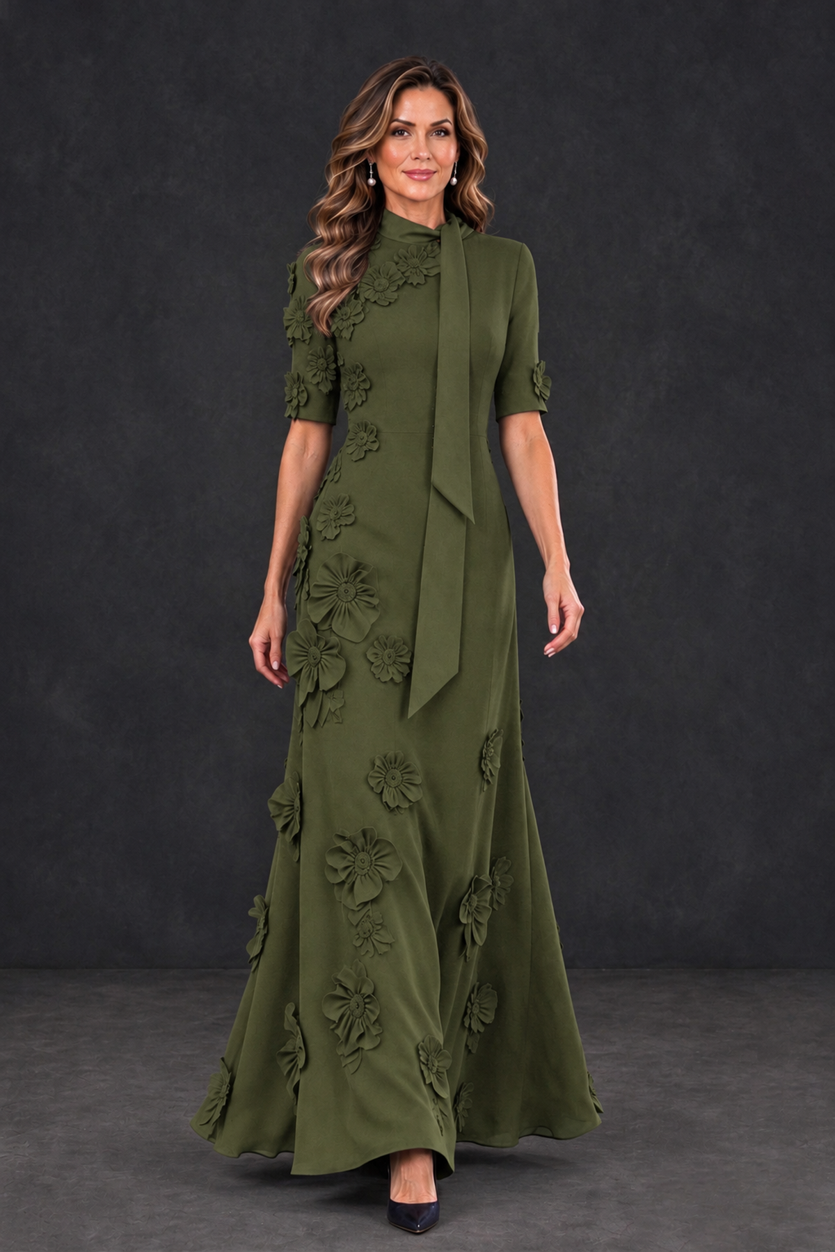 BOLODOO Olive Green Floral Applique High-Neck Half-Sleeve Gown - Olive Green - Olive Green_4