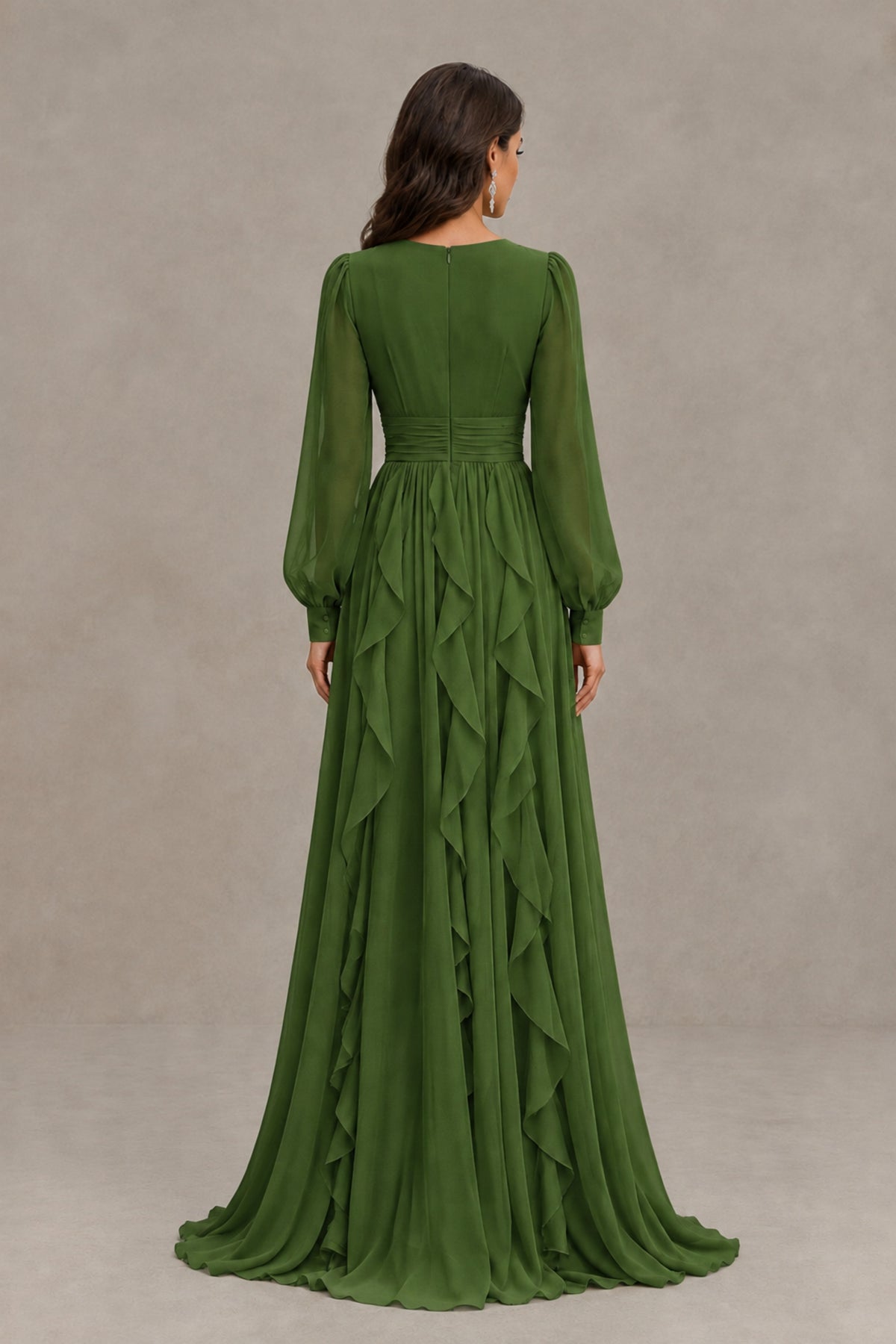 BOLODOO Olive Green Long Sleeve V-Neck Ruffle Maxi Dress - Olive Green