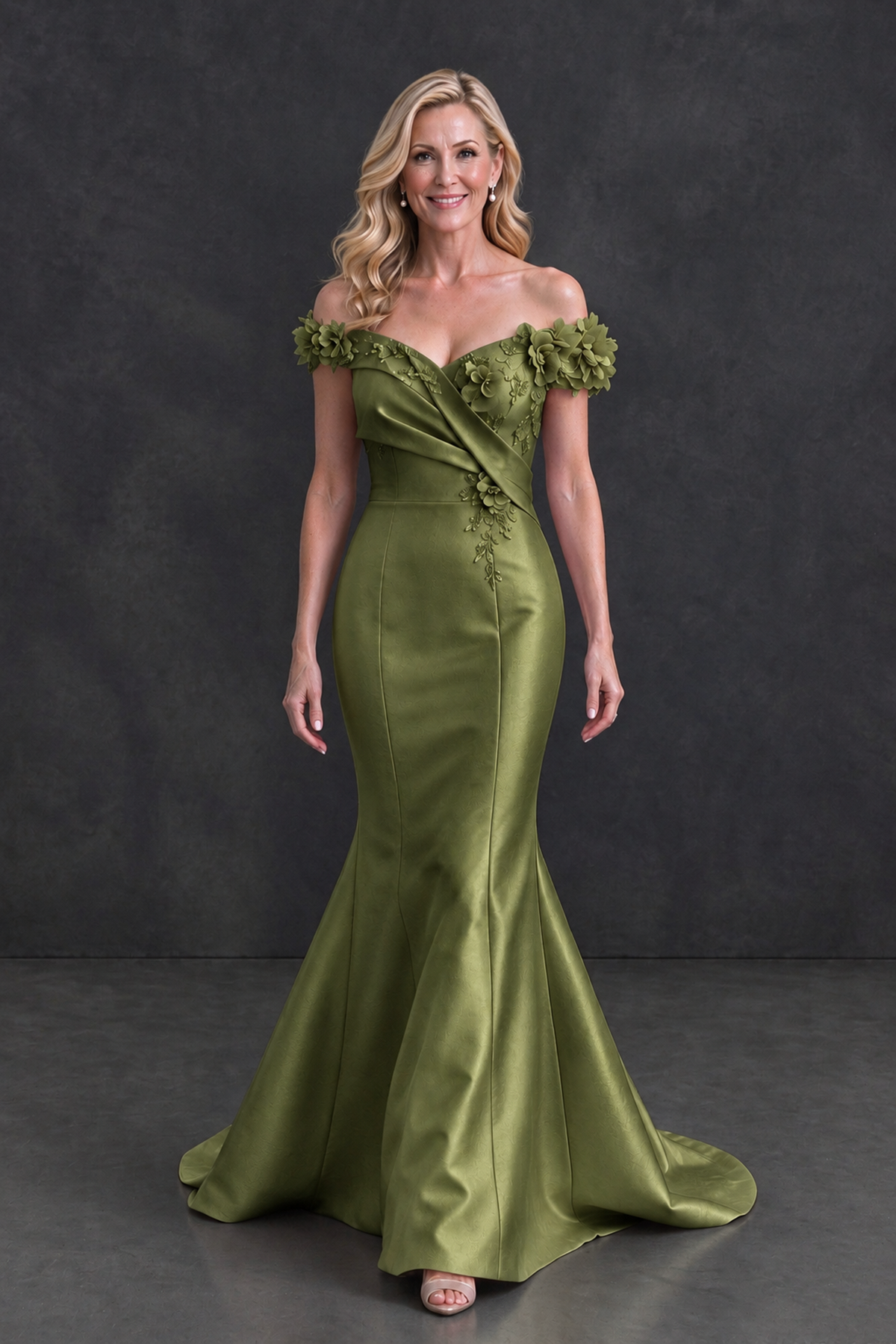 BOLODOO Olive Green Off-Shoulder Floral Mermaid Mother of the Bride Dress - Olive Green - Olive Green_4
