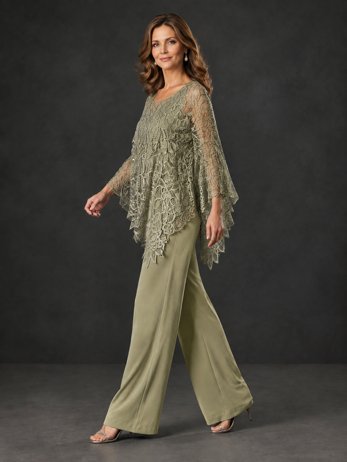 BOLODOO Olive Green Lace Overlay Wide-Leg Pantsuit for Mothers of the Bride - Olive Green