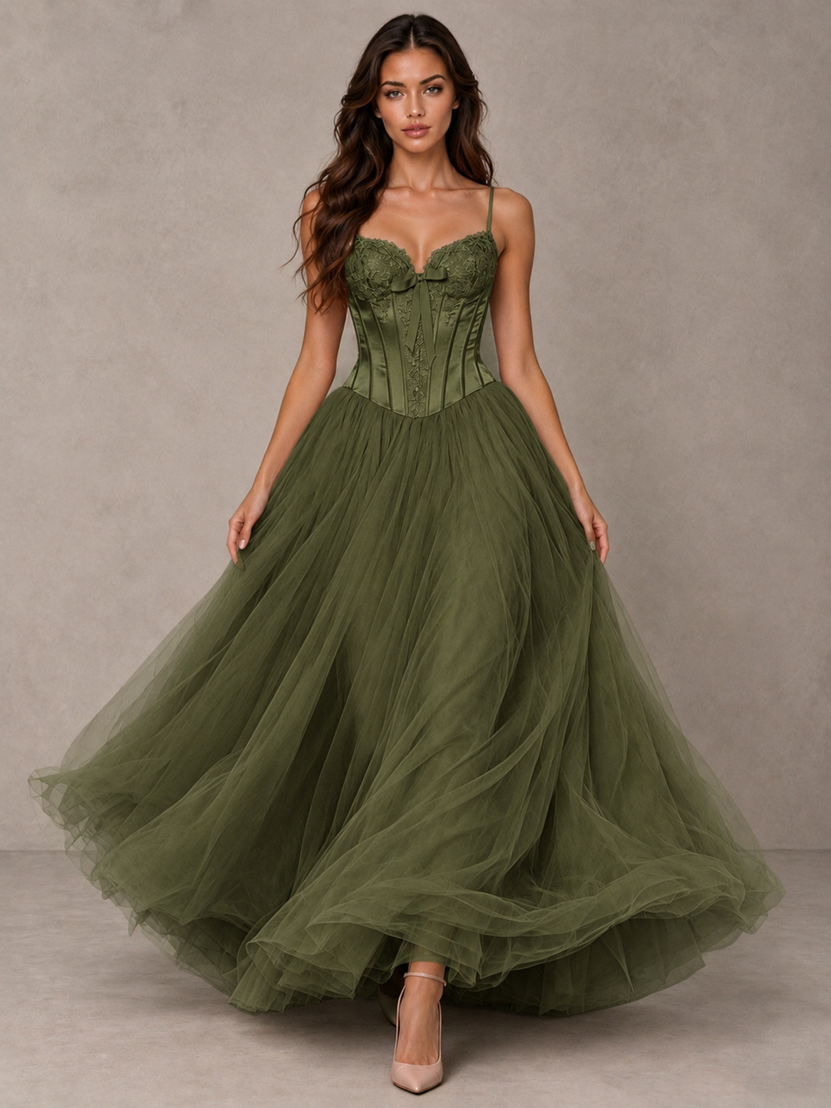BOLODOO Olive Green Corset Tulle Prom Dress with Spaghetti Straps - Olive Green - Olive_Green_4