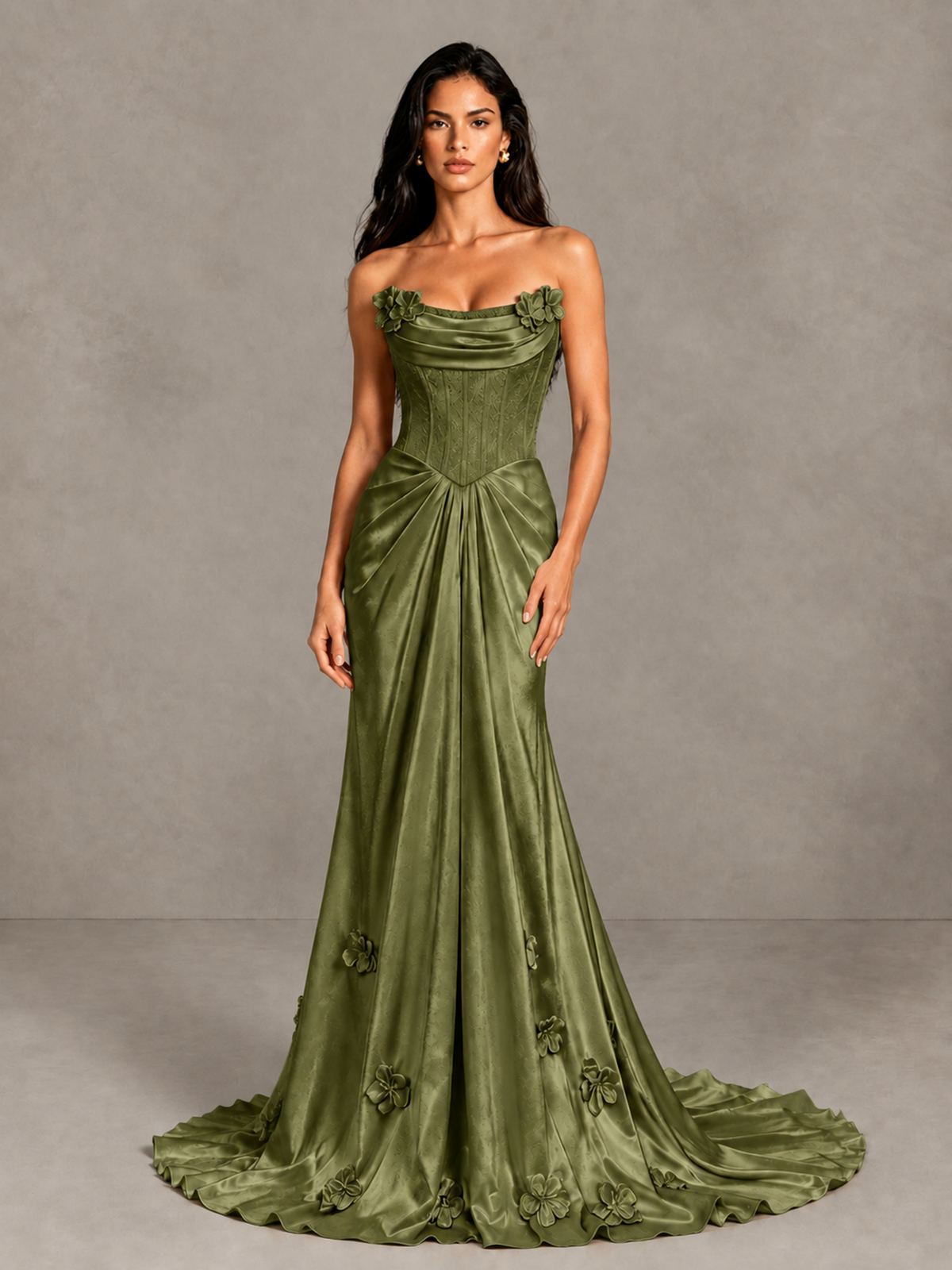 BOLODOO Olive Green Strapless Floral Corset Evening Gown with Train - Olive Green - Olive Green_4