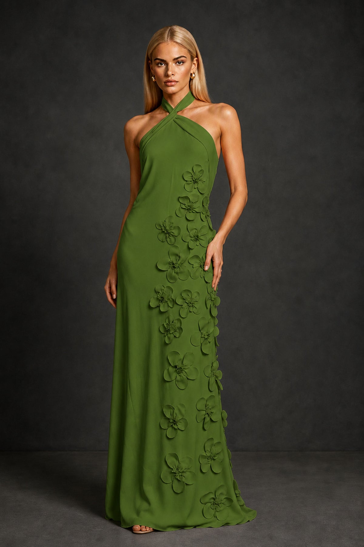 BOLODOO Olive Green Cross Halter Neck 3D Floral Appliqué Backless Mermaid Maxi Gown - Olive Green