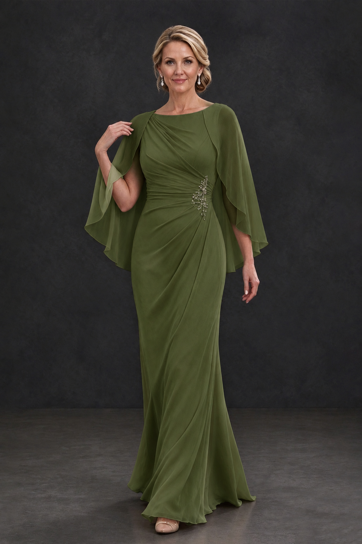 BOLODOO Olive Green Cape Sleeve Mother of the Bride Dress with Ruched Waist - Olive Green - Olive Green_4