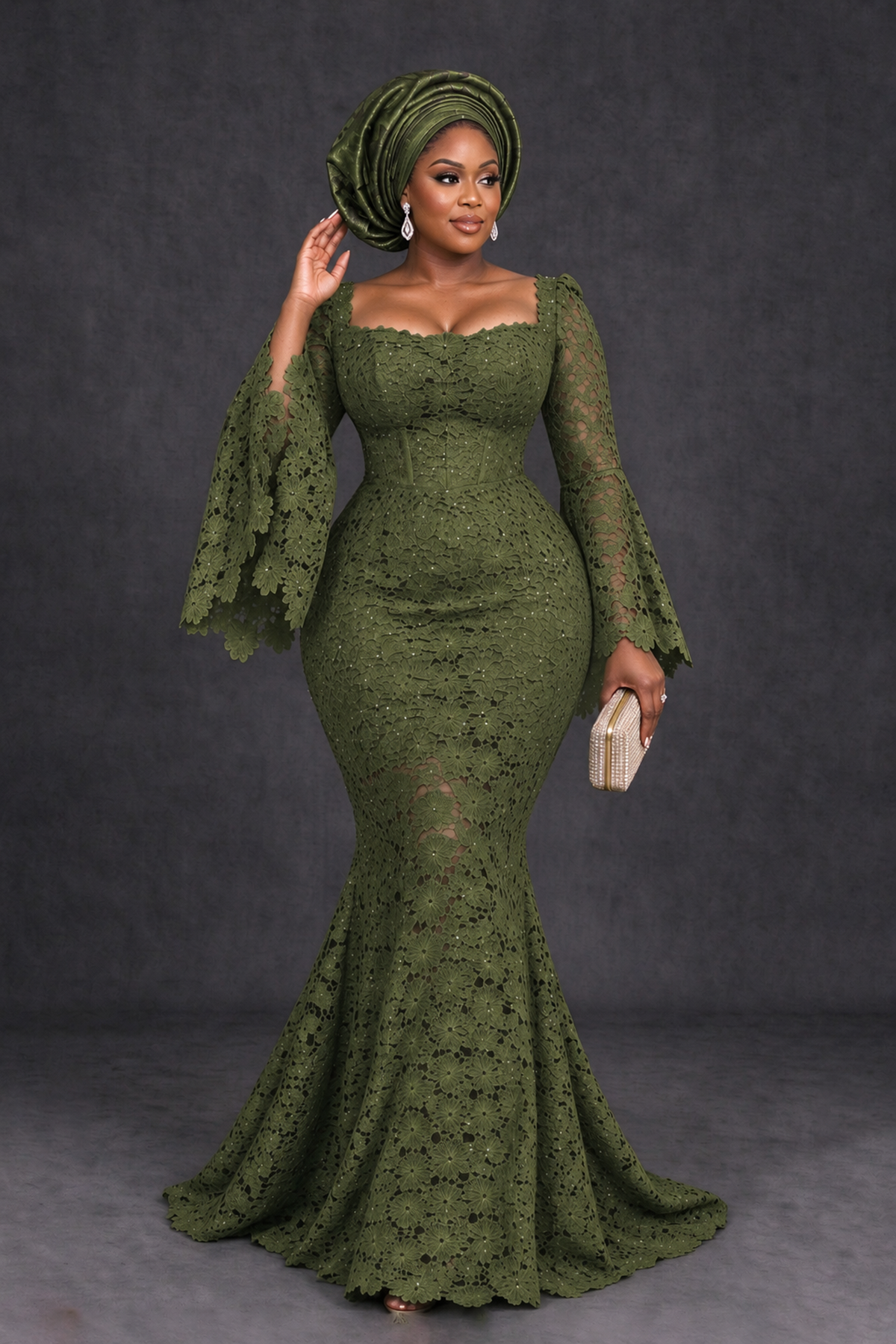 BOLODOO Olive Green African Lace Mermaid Dress, Plus Size Nigerian Wedding Guest Gown with Bell Sleeves - Olive Green - Olive Green_4