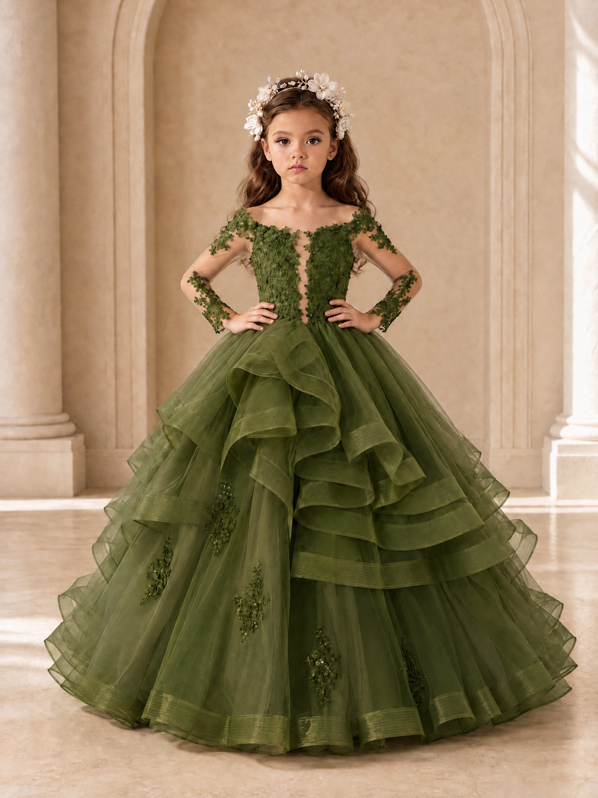 BOLODOO Olive Green Lace Long Sleeve Tiered Flower Girl Dress - Olive Green - Olive_Green_4