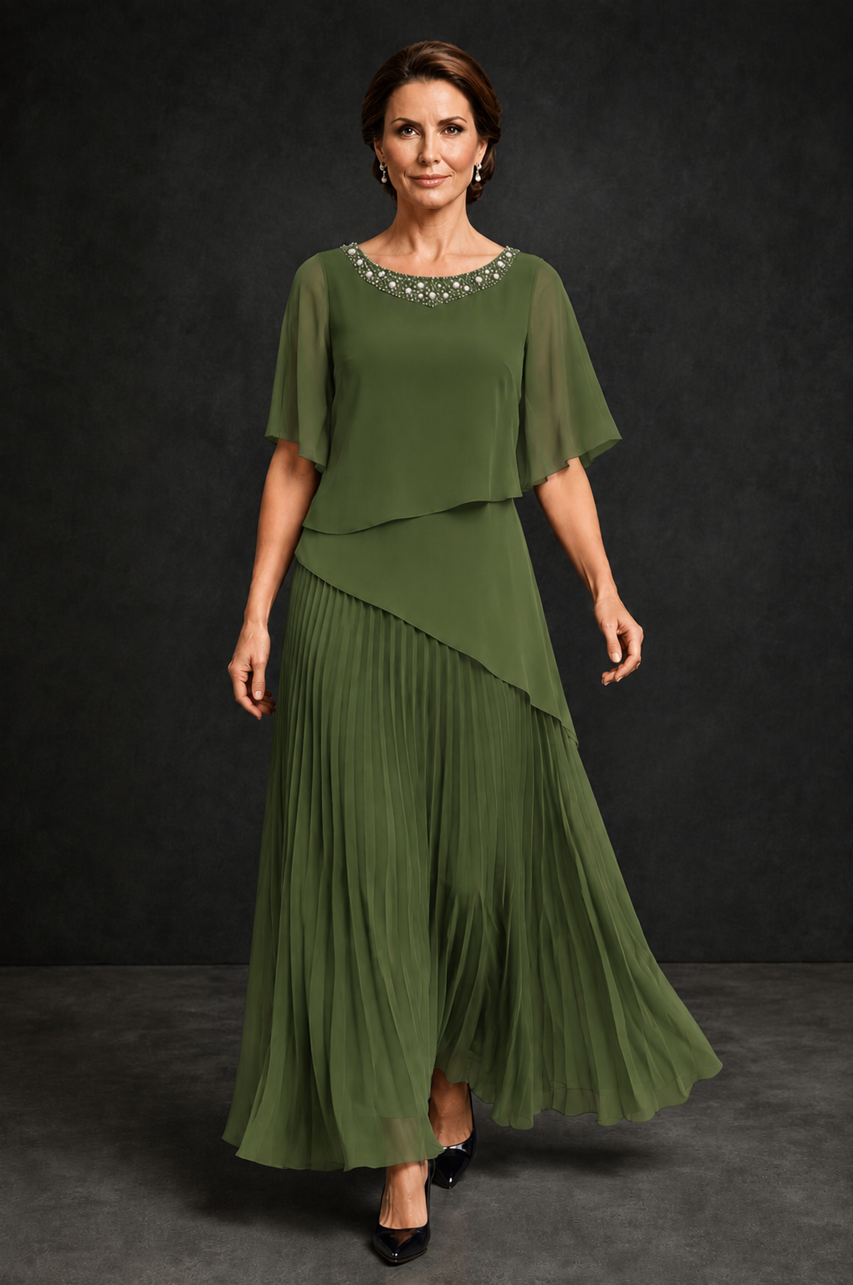 BOLODOO Olive Green Pearl Beaded Neck Asymmetric Tiered Flutter Sleeve Pleated Chiffon Maxi Dress - Olive Green - Olive_Green_4