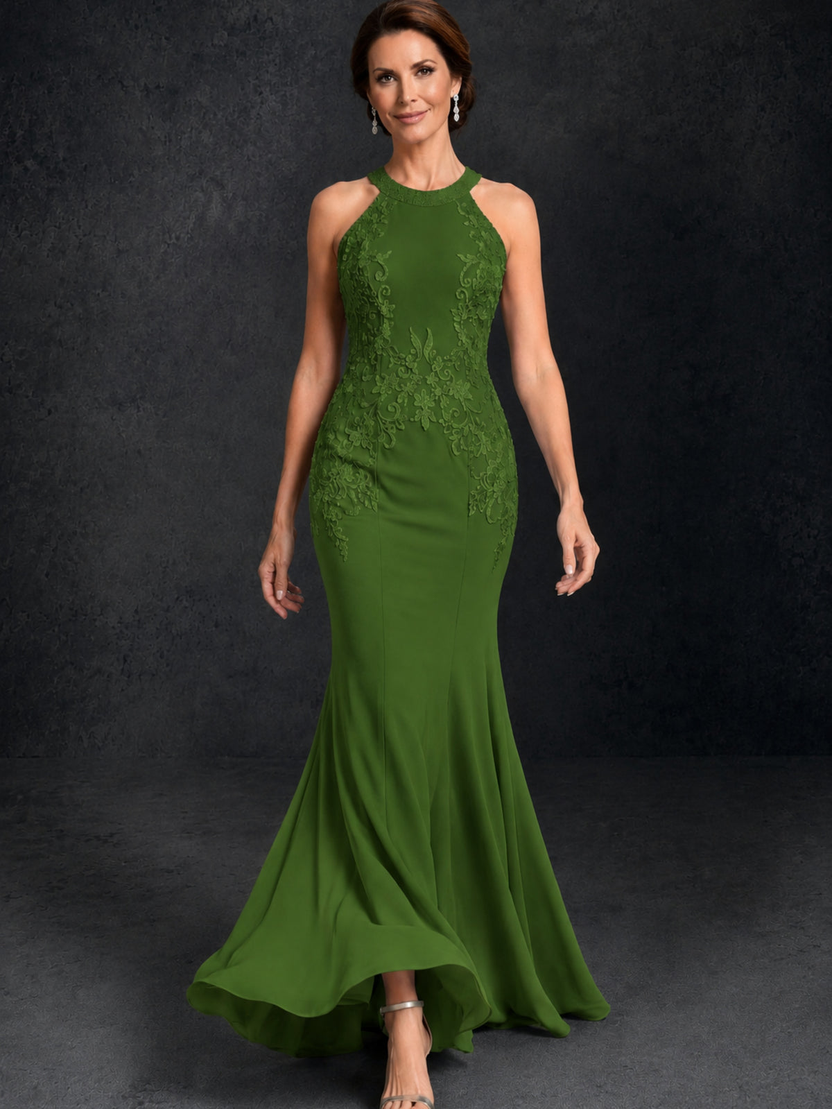 BOLODOO Olive Green Lace Applique Halter Neck Sheer Back Mermaid Maxi Dress with Sweep Train - Olive Green