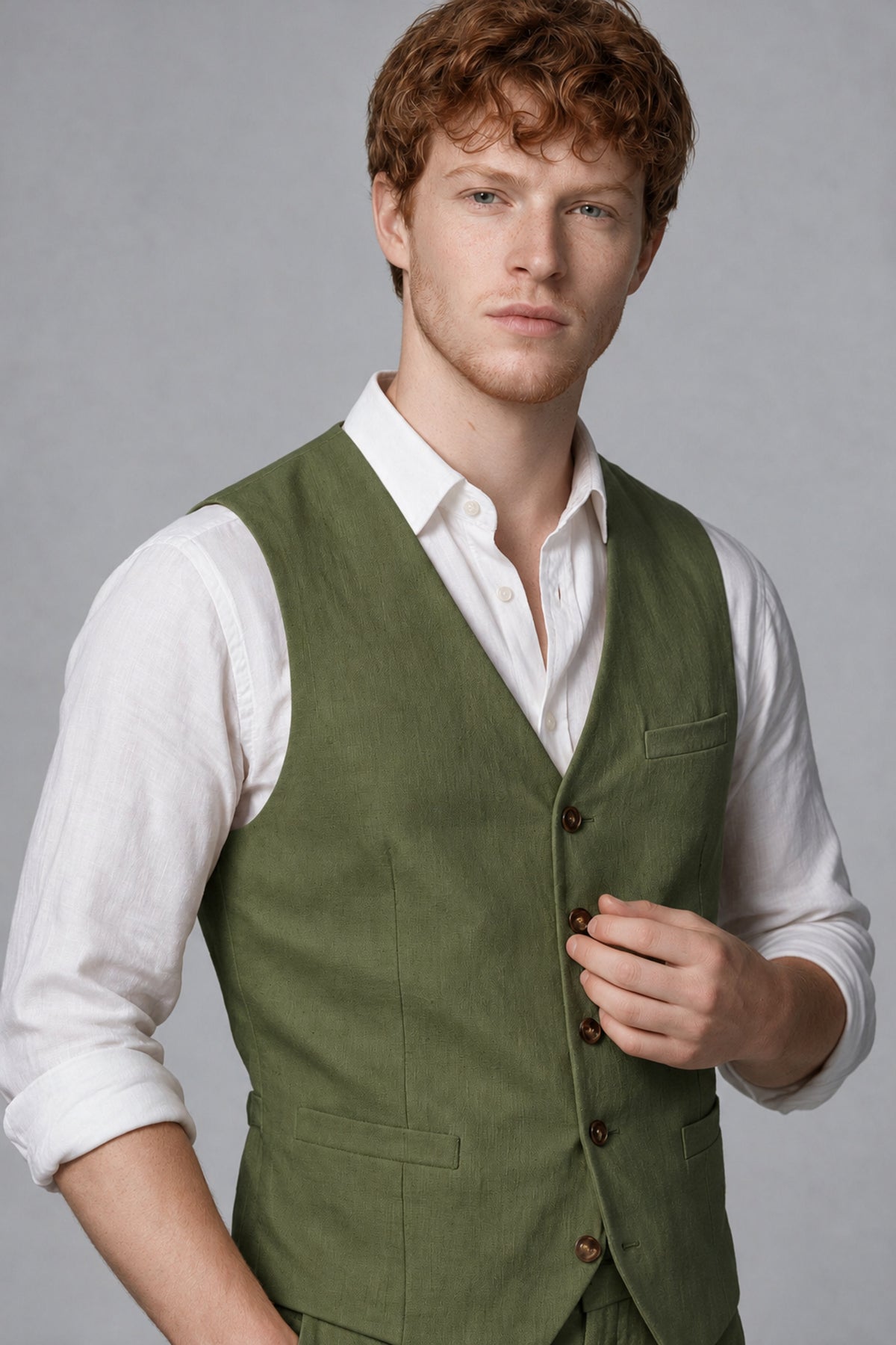 Bolodoo Men's Olive Green 2-Piece Vest and Pants Set with V-Neck Waistcoat - Olive Green - Olive Green_4
